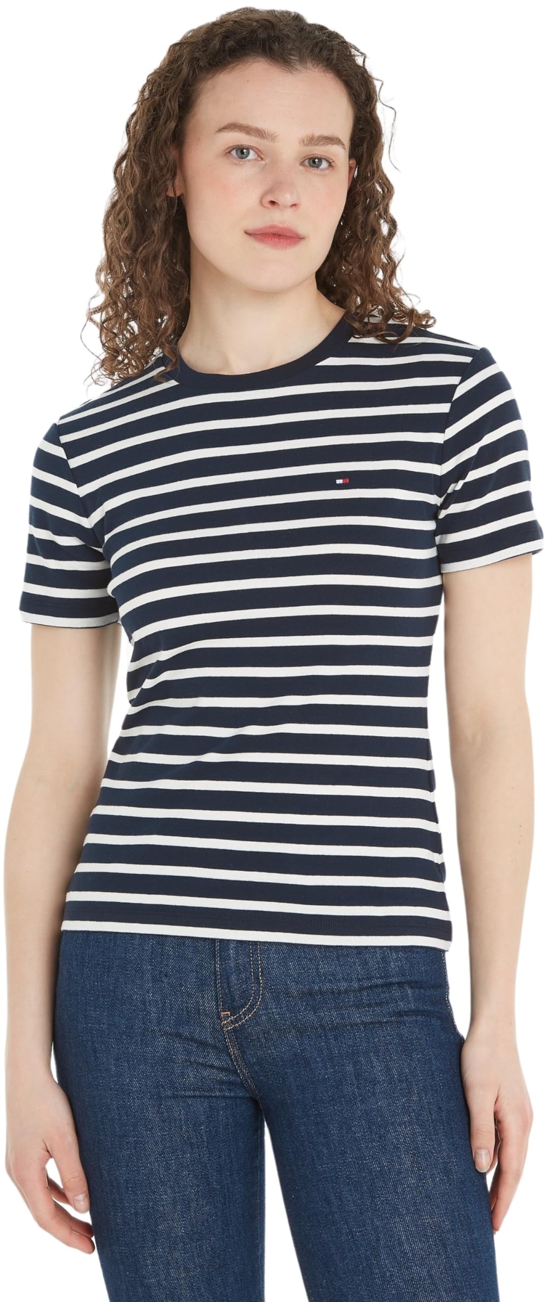 Tommy Hilfiger Women's New Slim Cody C-NK SS WW0WW40587 S/S Knit Tops, Breton STP/Desert Sky/Ecru, M