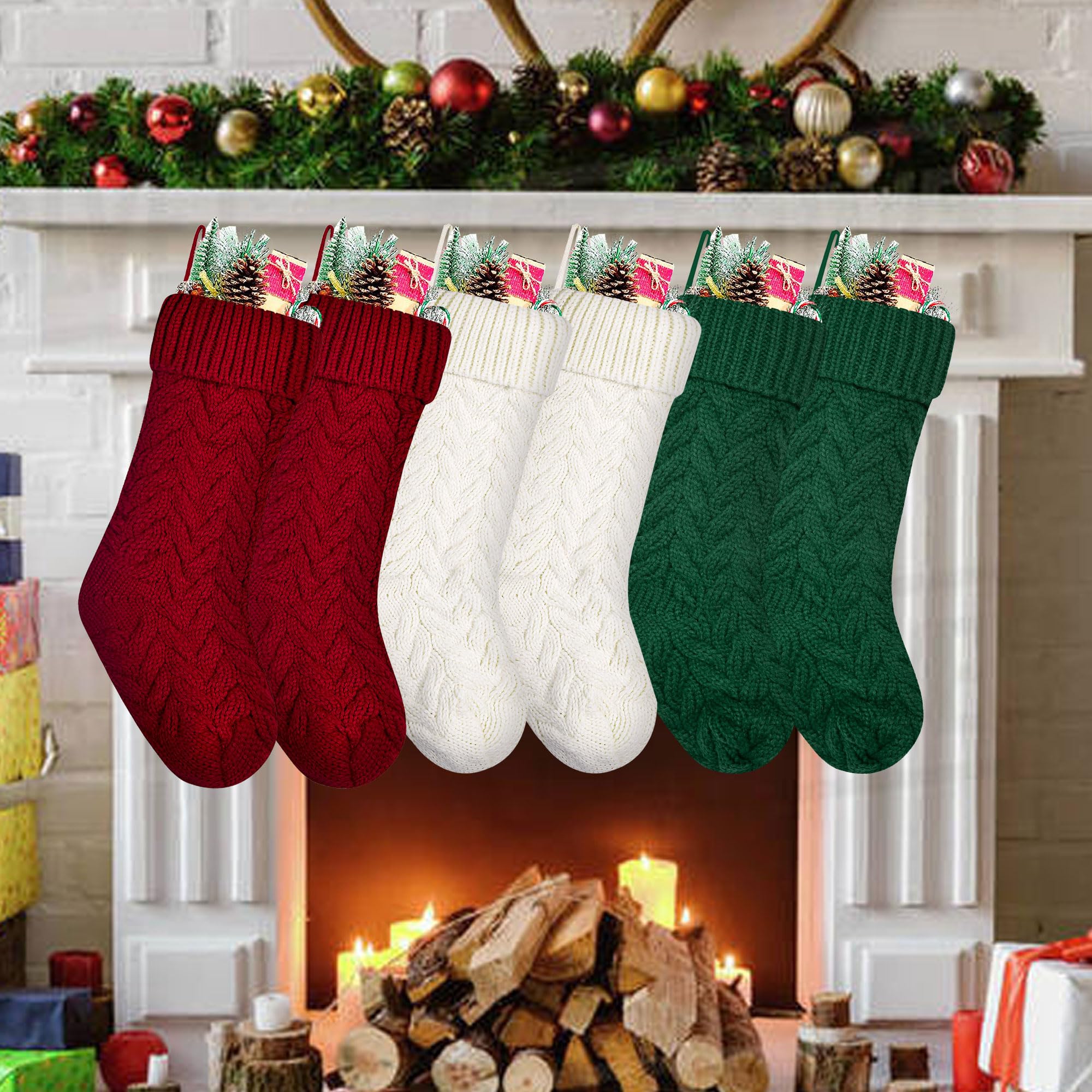 Set di calze natalizie classiche da 8,1 cm, a maglia, grandi e classiche, da appendere al caminetto, per bambini, per feste di famiglia, feste, decorazioni natalizie (rosso, bianco, verde)
