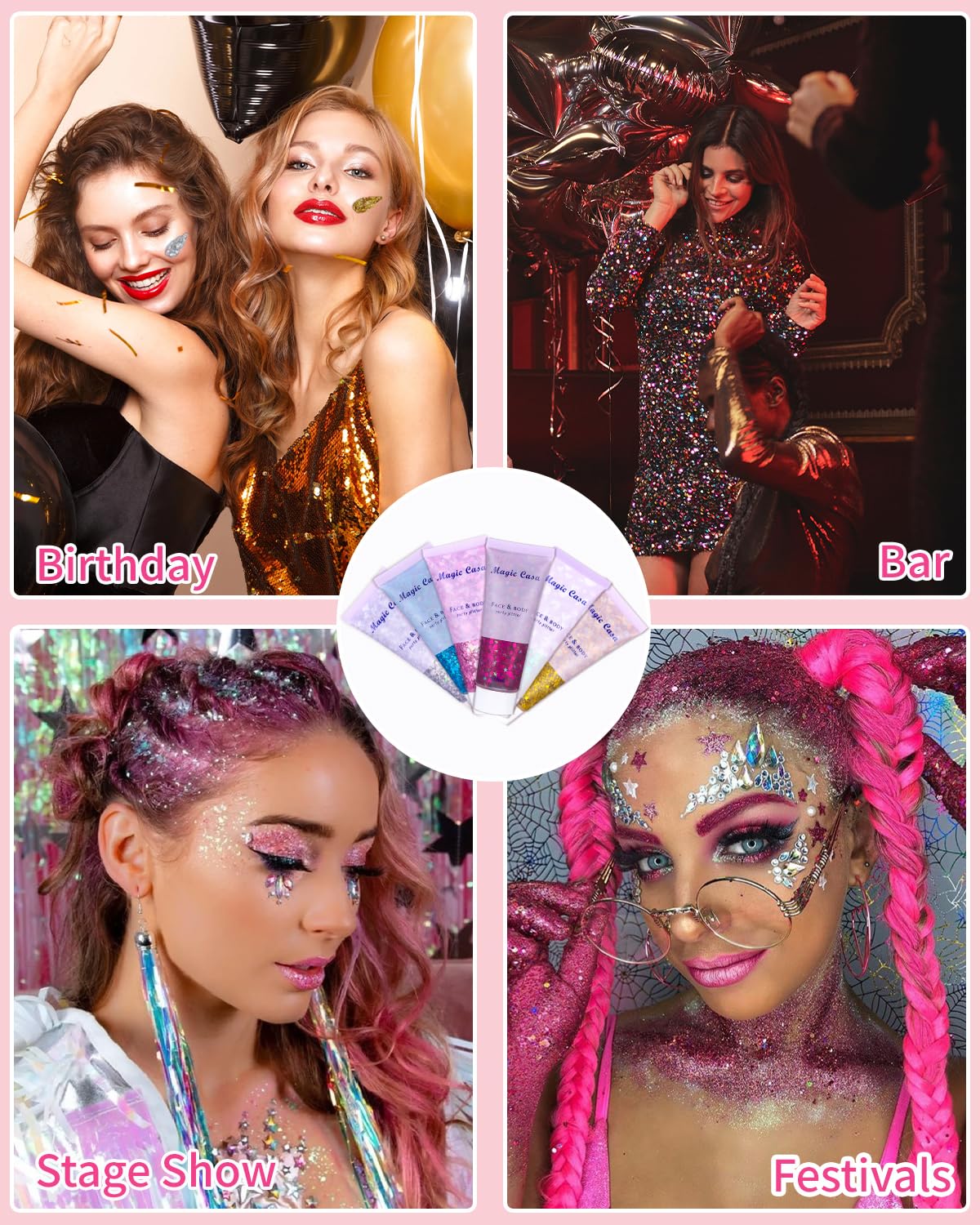 Chunky - 6 pezzi gel glitter corpo per trucco festival - glitter liquido per viso, capelli, labbra, unghie (50 ml)