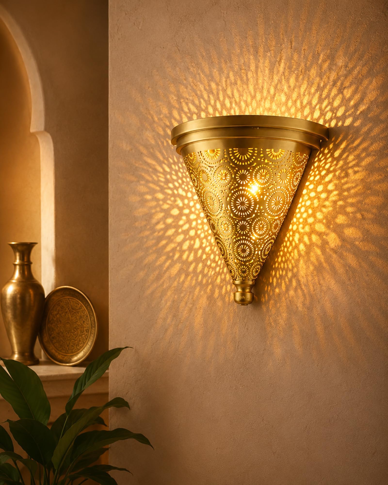HomesakeยฎMoroccan Wall Trophy Concentric Circles Light Shades, Engraved Wall Sconce Light, Antique Handmade, Brass