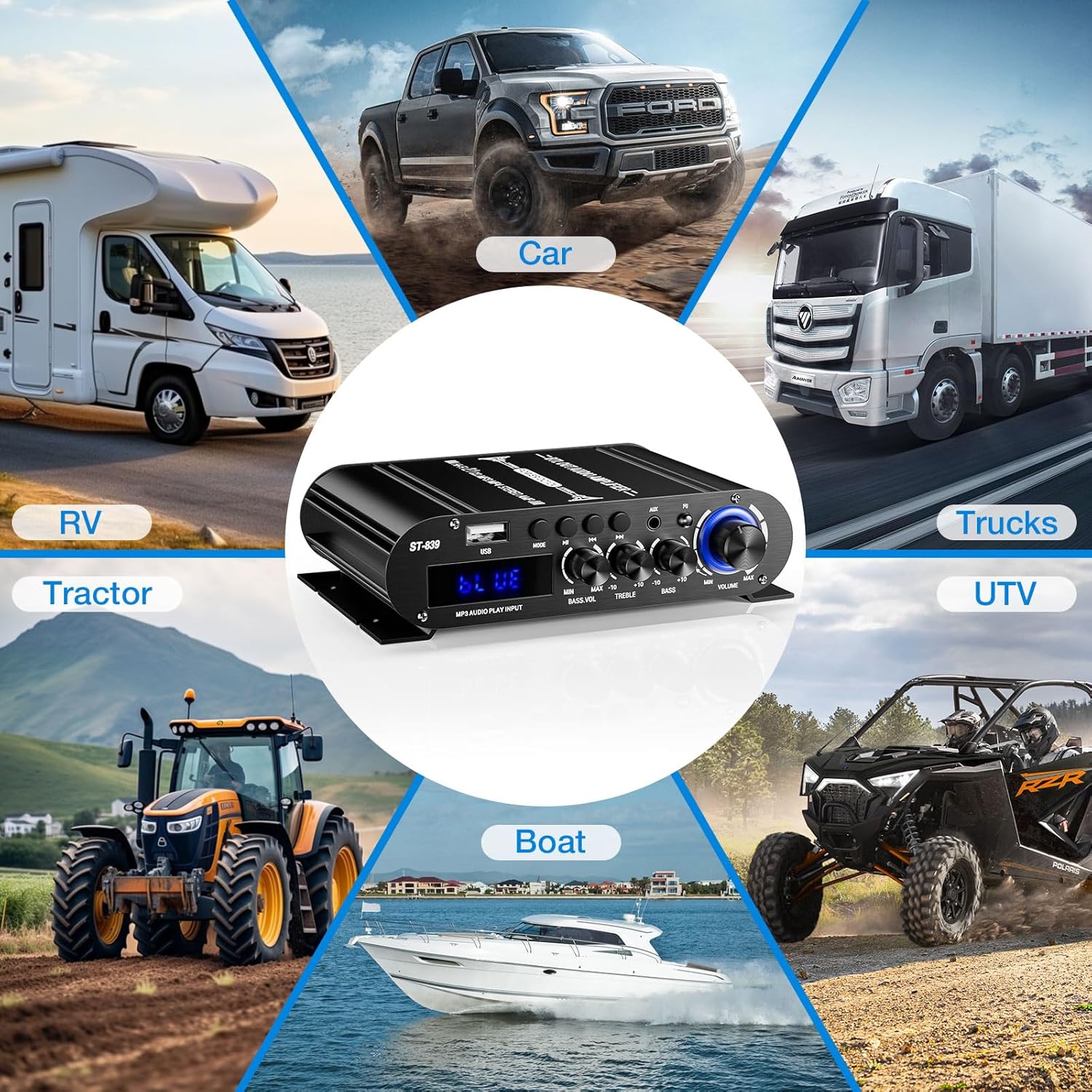 Facmogu ST-839 amplifier shown in various application settings including car, RV, truck, tractor, UTV, and boat.