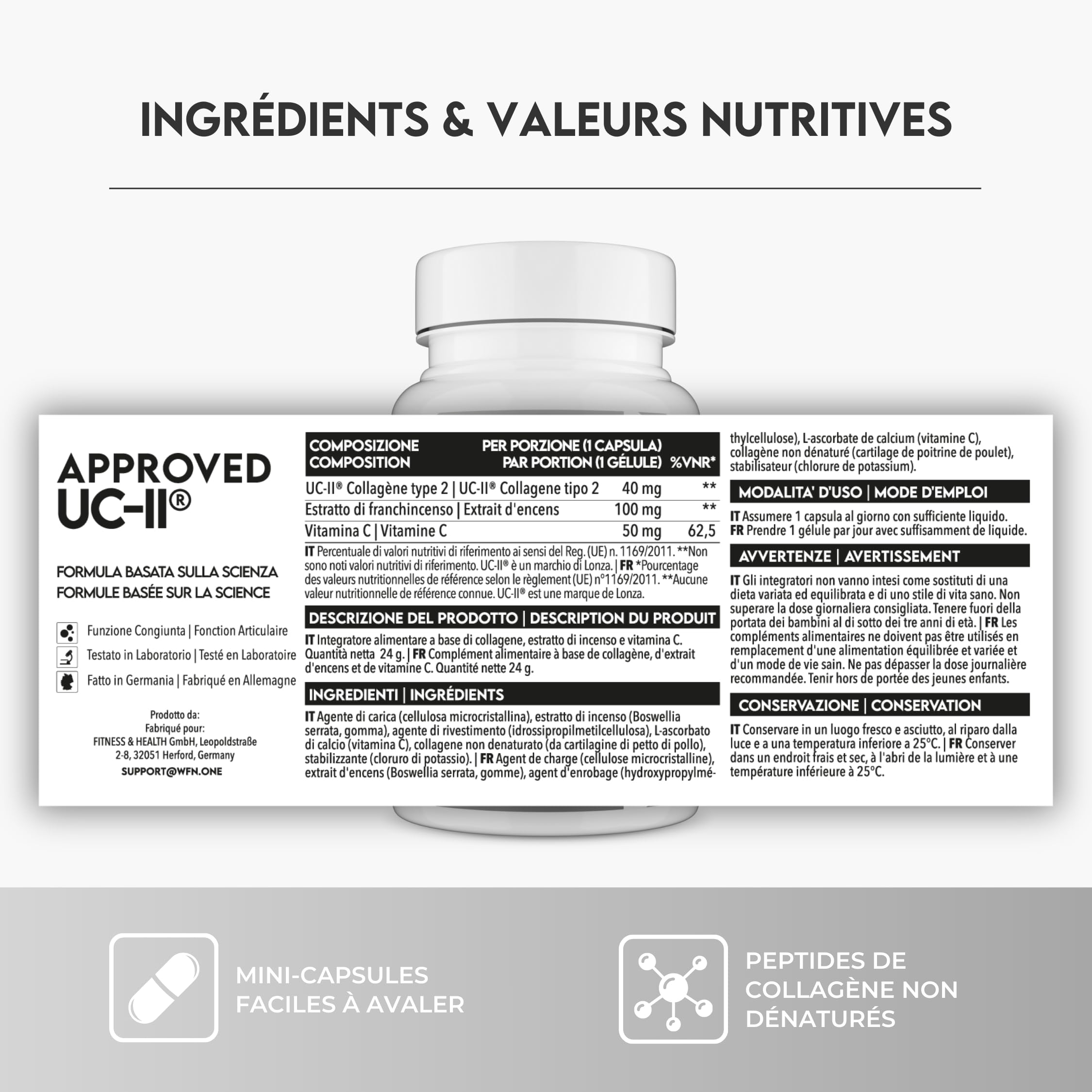 WFN Approved UC-II - Collagene Type 2 non dénaturé - 60 Gélules - Complexe articulaire avec Collagène UC 2, Vitamine C et Boswellia Serrata - Testé en externe