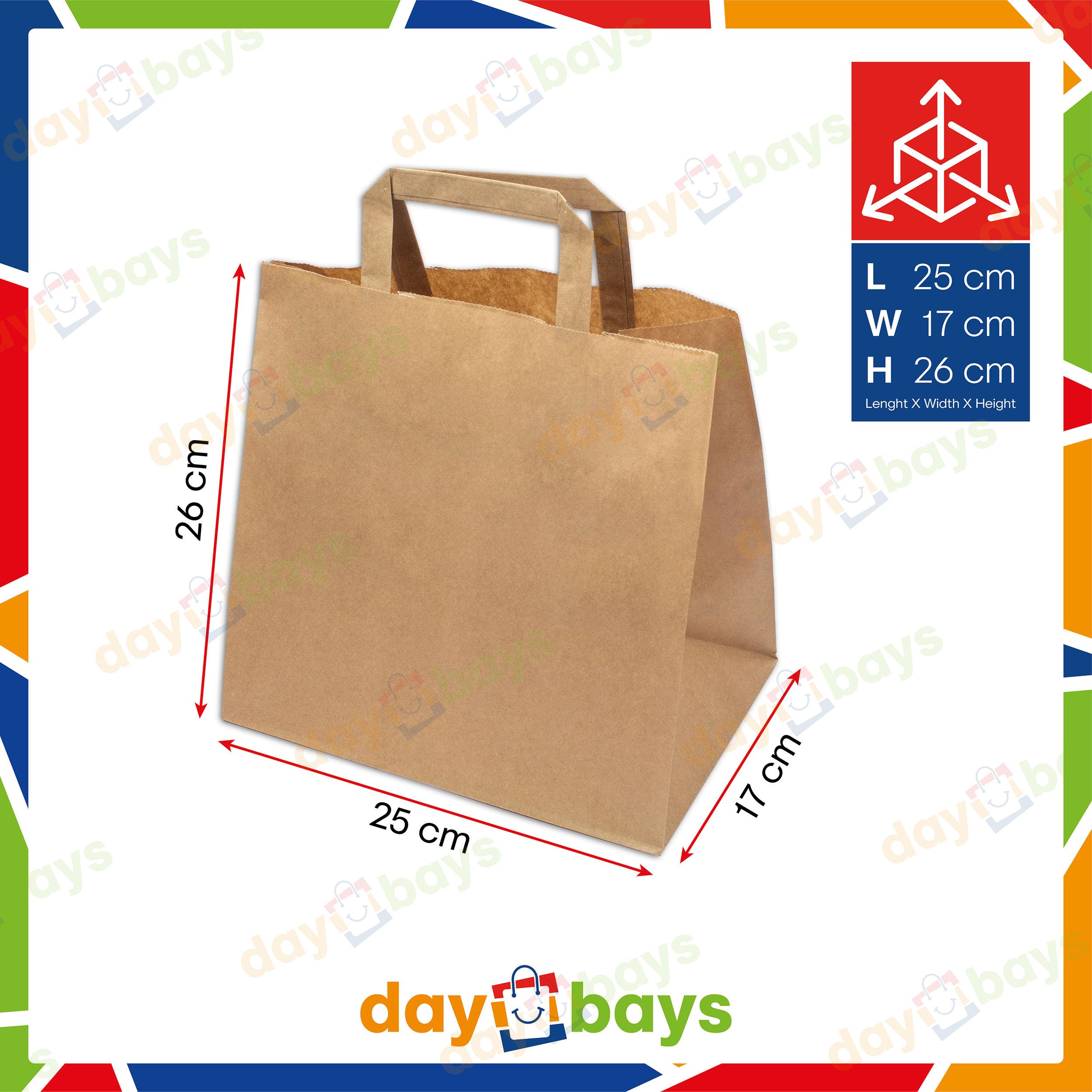 Daybays Papiertüten 26+17 x 25 cm Braun 250 Stk. Geschenktüten Papiertragetaschen mit Henkel aus Kraftpapier, Papiertaschen Geschenktüte Papiertüte klein (250)