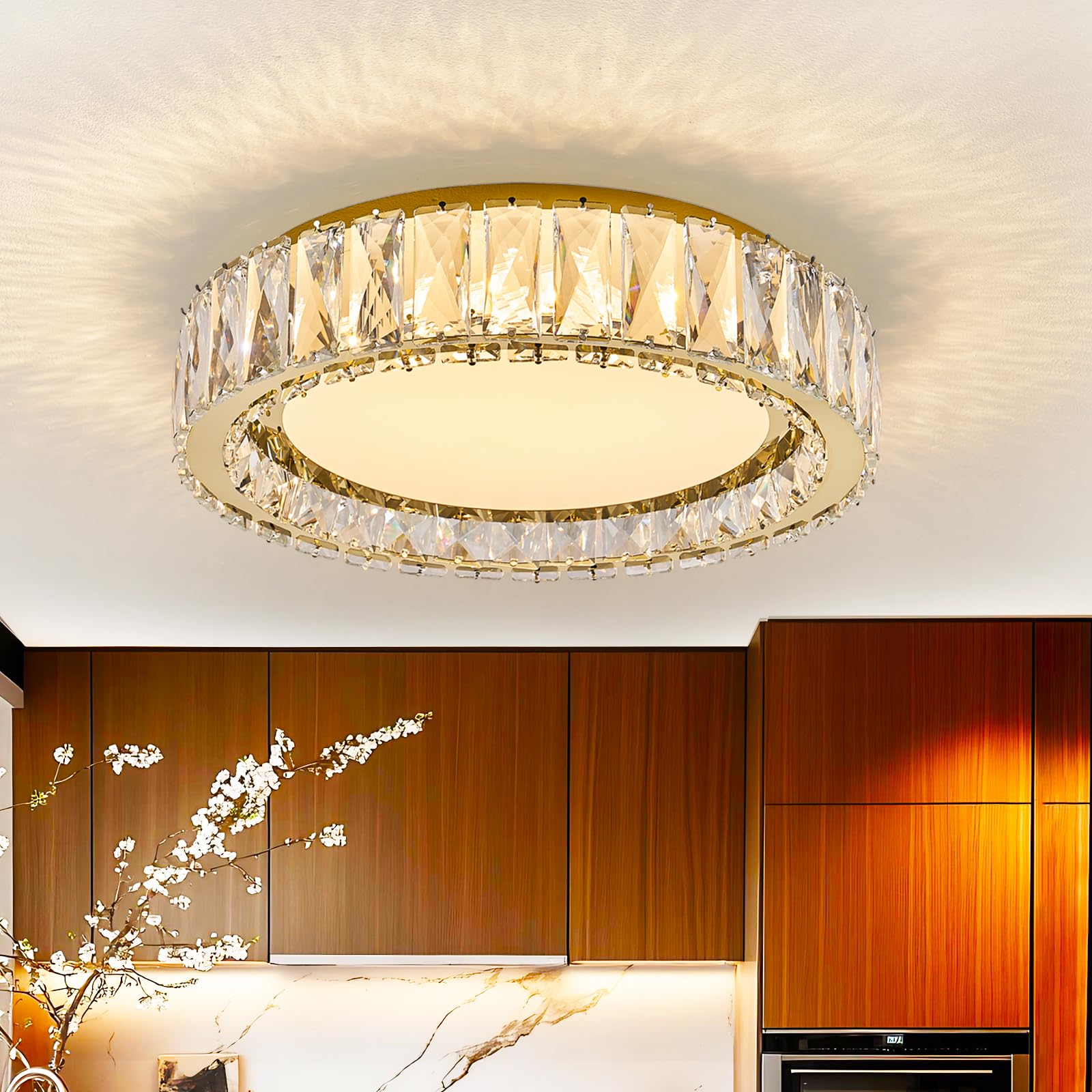 Crystal Dimmable Flush Mount Ceiling Light Gold Modern LED Close to Ceiling Light Fixture with 5CCT 2700K-6000K Round