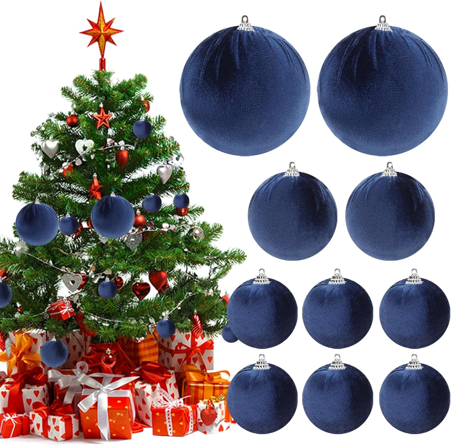 10pcs Velvet Christmas Ornaments Ball Handmade Fabric Xmas Hanging Balls Mixed Size Lightweight Christmas Tree Family Holiday Wedding Decor - Blue