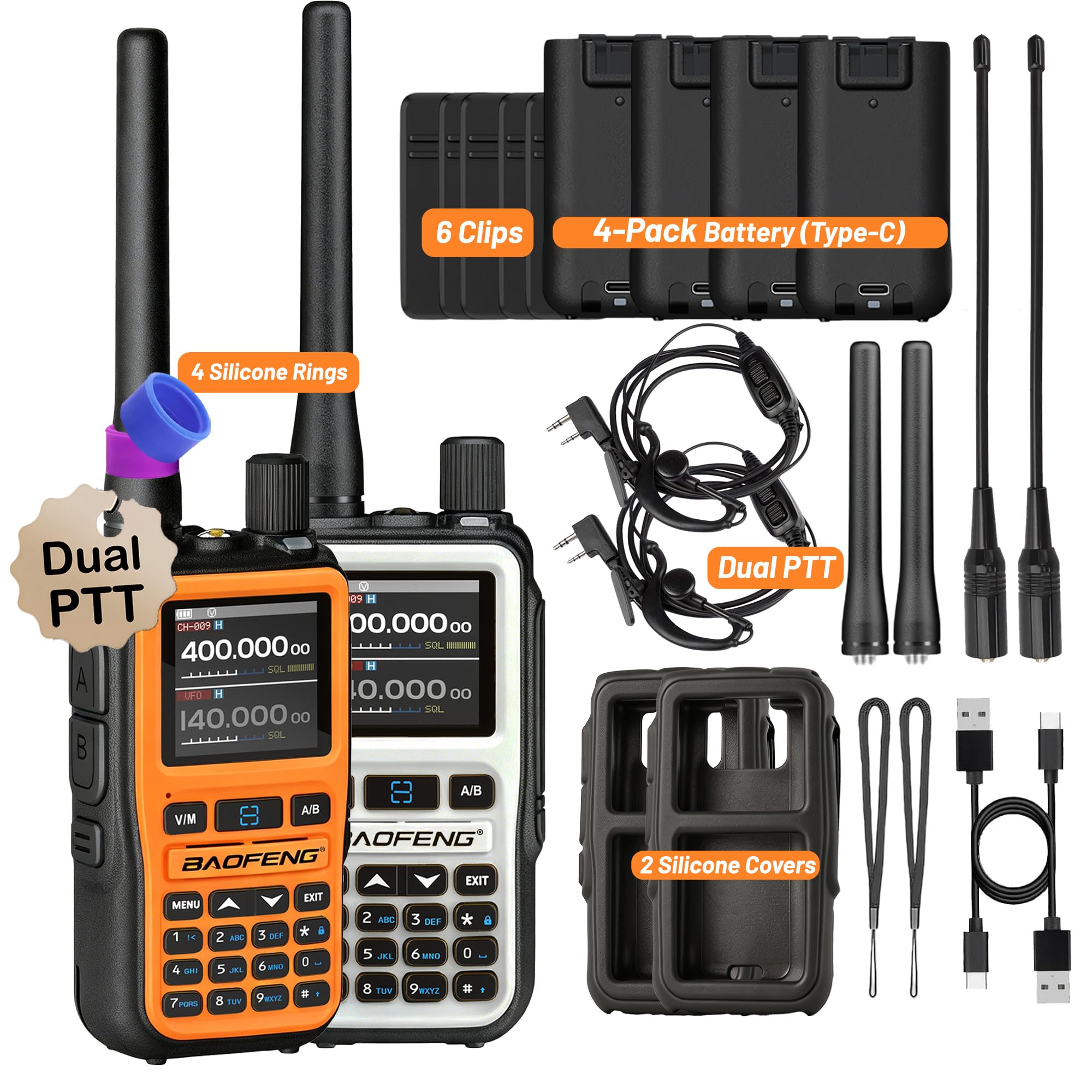 BAOFENG UV-5R Mini Ham Radio – Dual Band VHF/UHF Radio with Extra Battery Earpiece for Outdoor Work - Rechargeable USB-C Portable Radio for Hiking Backup High-Visibility Orange White