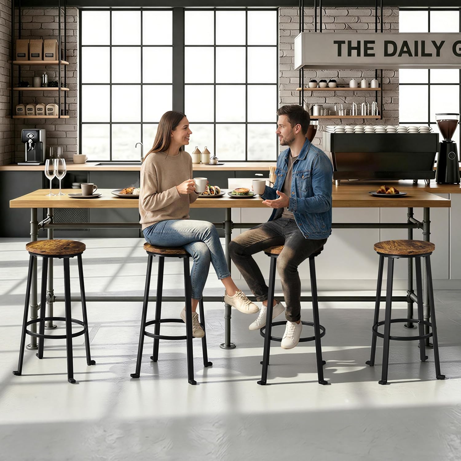 Yaheetech 29.5 inch Set of 4 Bar Height Stools Industrial Tall Bar Chair Round Backless Counter Stool with Metal Legs for Dining Room,Living Room,Kitchen Counter,Rustic Brown