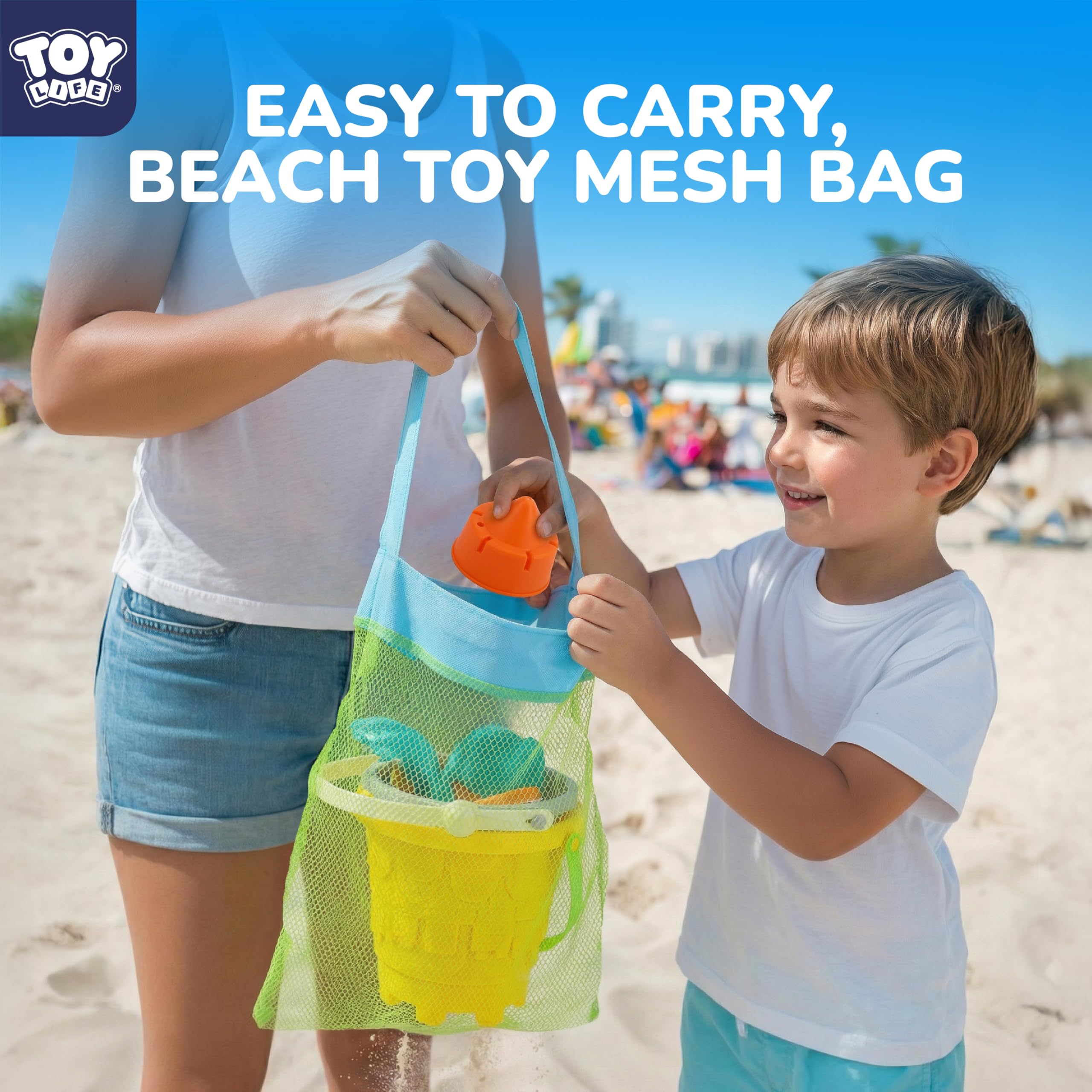 TOY Life - Sandburg Eimer Set für Kinder, 2 Eimer mit Netzbeutel, 6 Formen, 2 Schaufeln, bunte Strandspielzeug aus Kunststoff zum Spielen im Sommer