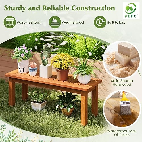 Miniatura 4 de Tangkula Banco de patio para exteriores, banco de patio de madera maciza con asiento de listones, banco de entrada de madera rústica para 2 personas