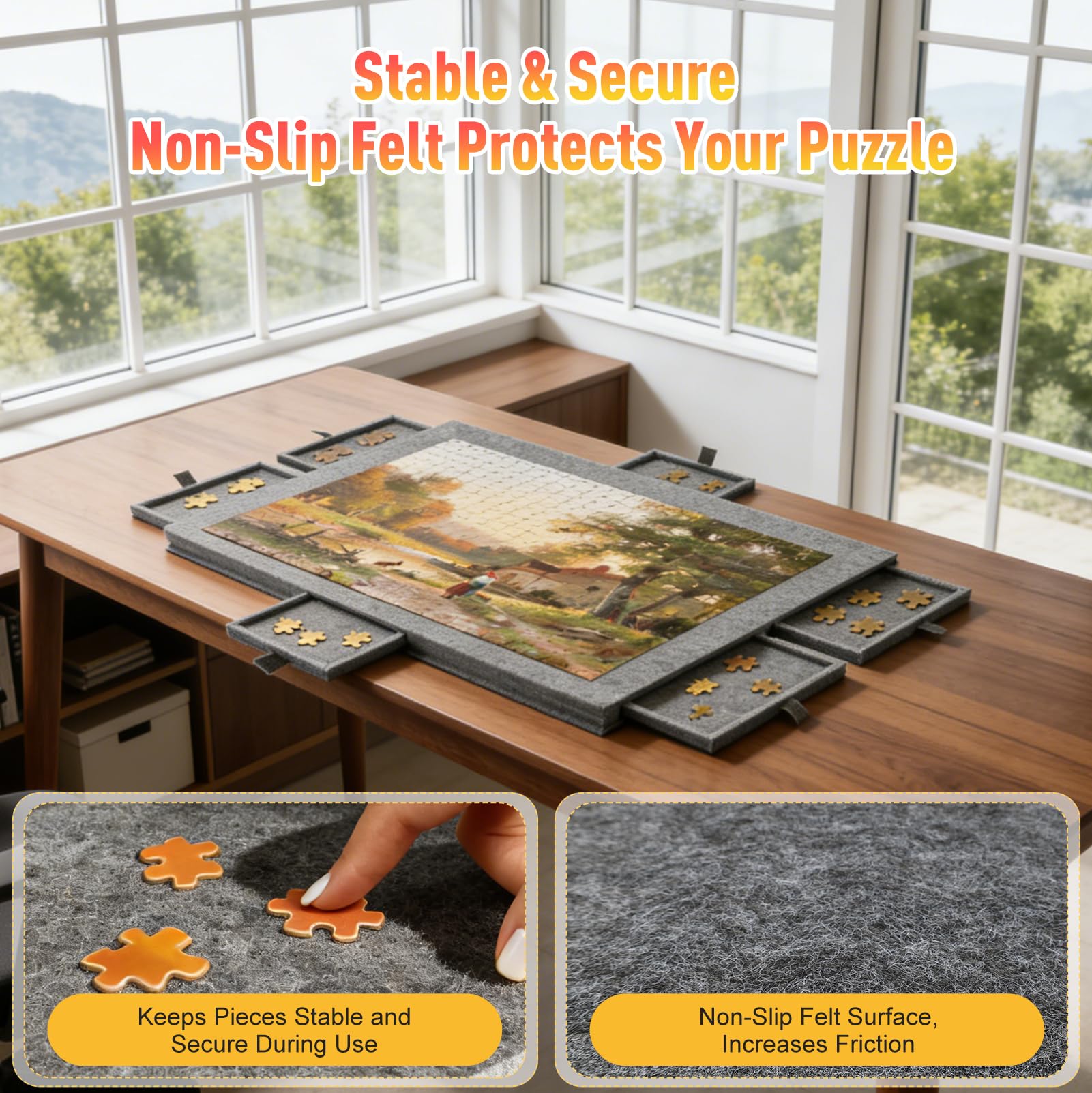 Puzzlebrett 1000 Teile, Puzzlematte Puzzletisch mit Schubladen, Puzzelmatten für Puzzle bis 1000, Puzzlebrett mit 2-in-1 Ständer / Staubschutz, Rutschfeste Filzoberfläche, für Paare, Eltern