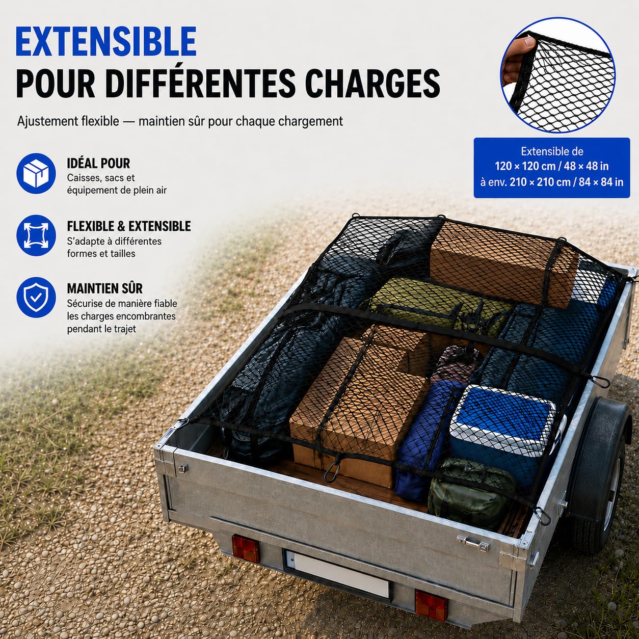 Filet de Chargement pour Pick-up et SUV, Noir, Double Couche avec 8 mousquetons métalliques, pour Quad, remorque et Bateau, 120 × 120 cm, Extensible Jusqu’à 210 × 210 cm