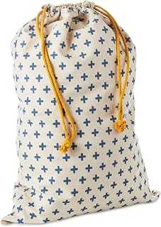 Hallmark 19" Large Canvas Bag with Yellow Drawstring (Ivory and Blue) for Birthdays, Baby Showers, Father's Day