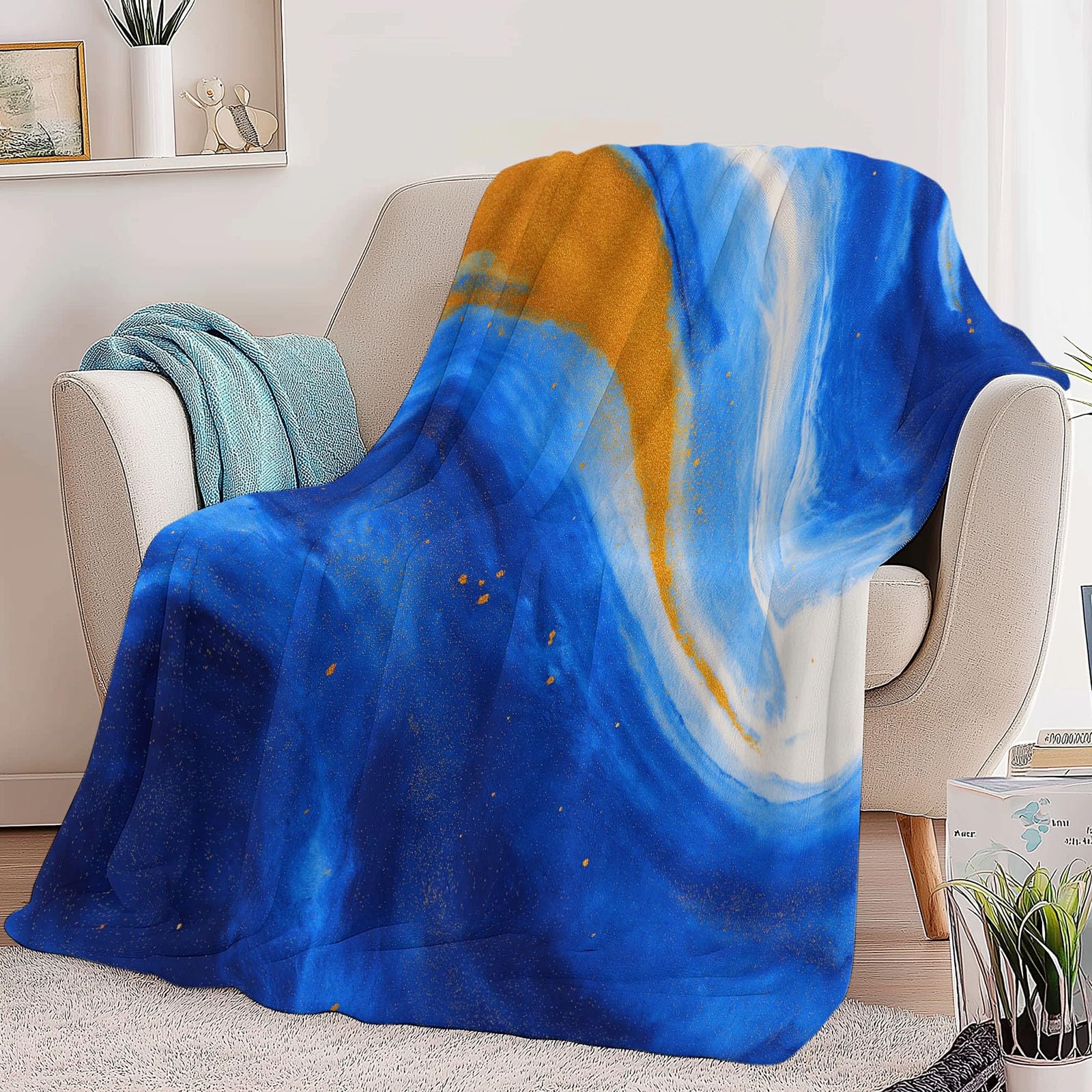 Amber ultramiękki koc flanelowy 221 x 239 cm, pluszowy i ciepły, abstrakcyjny niebieski dali kolory, nadruk, lekki koc na łóżko, na sofę, do podróży i dla dzieci i dorosłych, 220 x 240 cm