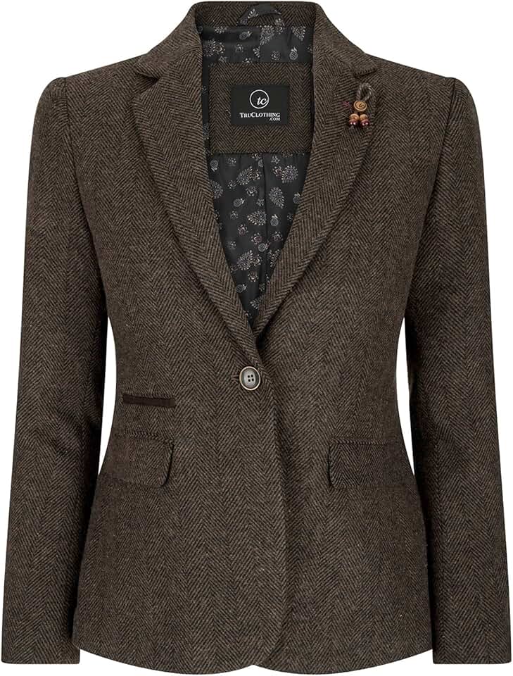 TruClothing Women Blazer Tweed Herringbone Wool Classic Smart Casual Vintage Check 1920s