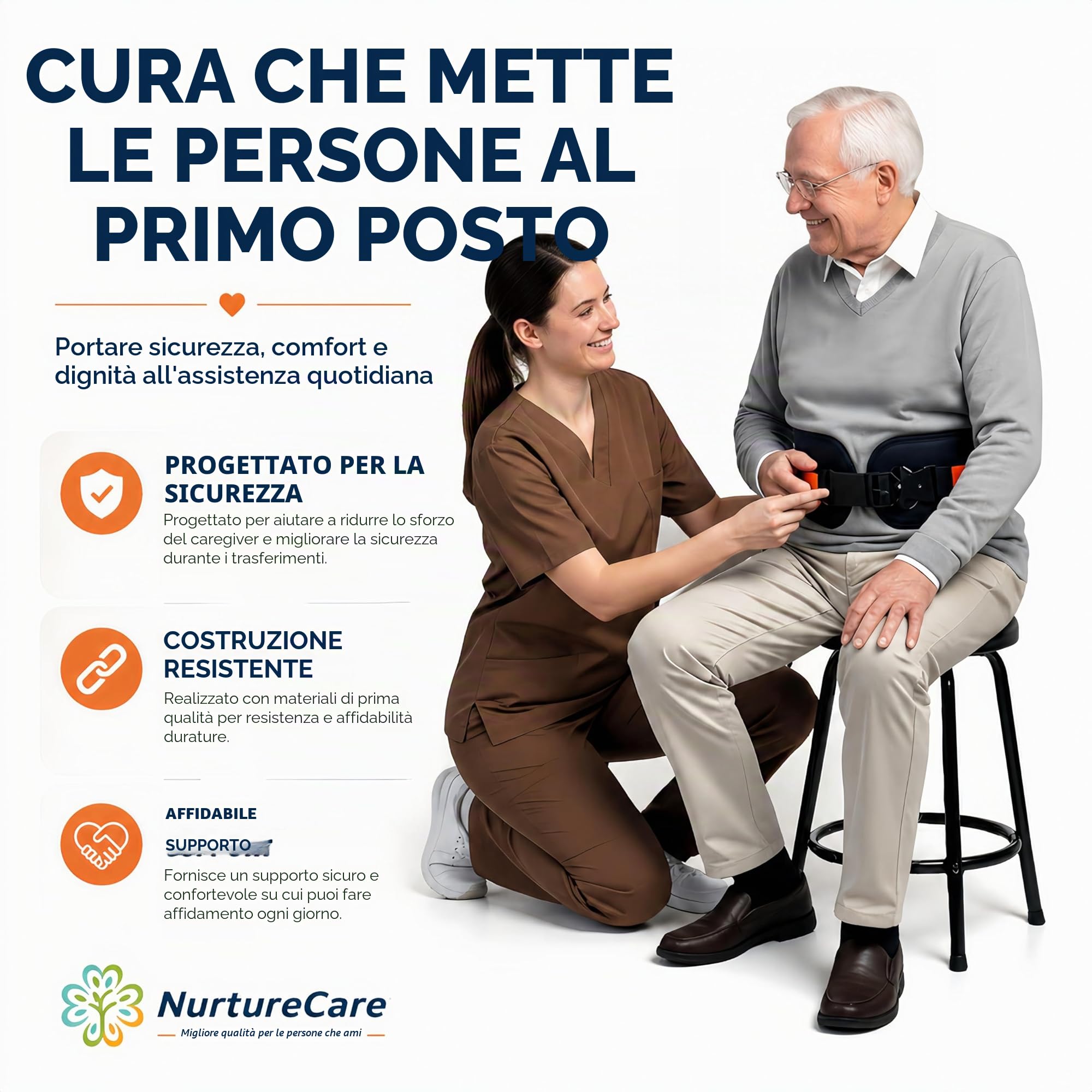 Cintura di Trasferimento con Fibbia in Metallo e Cinghie per le Gambe, 7 Maniglie, Ausilio per Sollevamento e Spostamento, Supporto alla Deambulazione per Anziani e Adulti (Arancione, M)