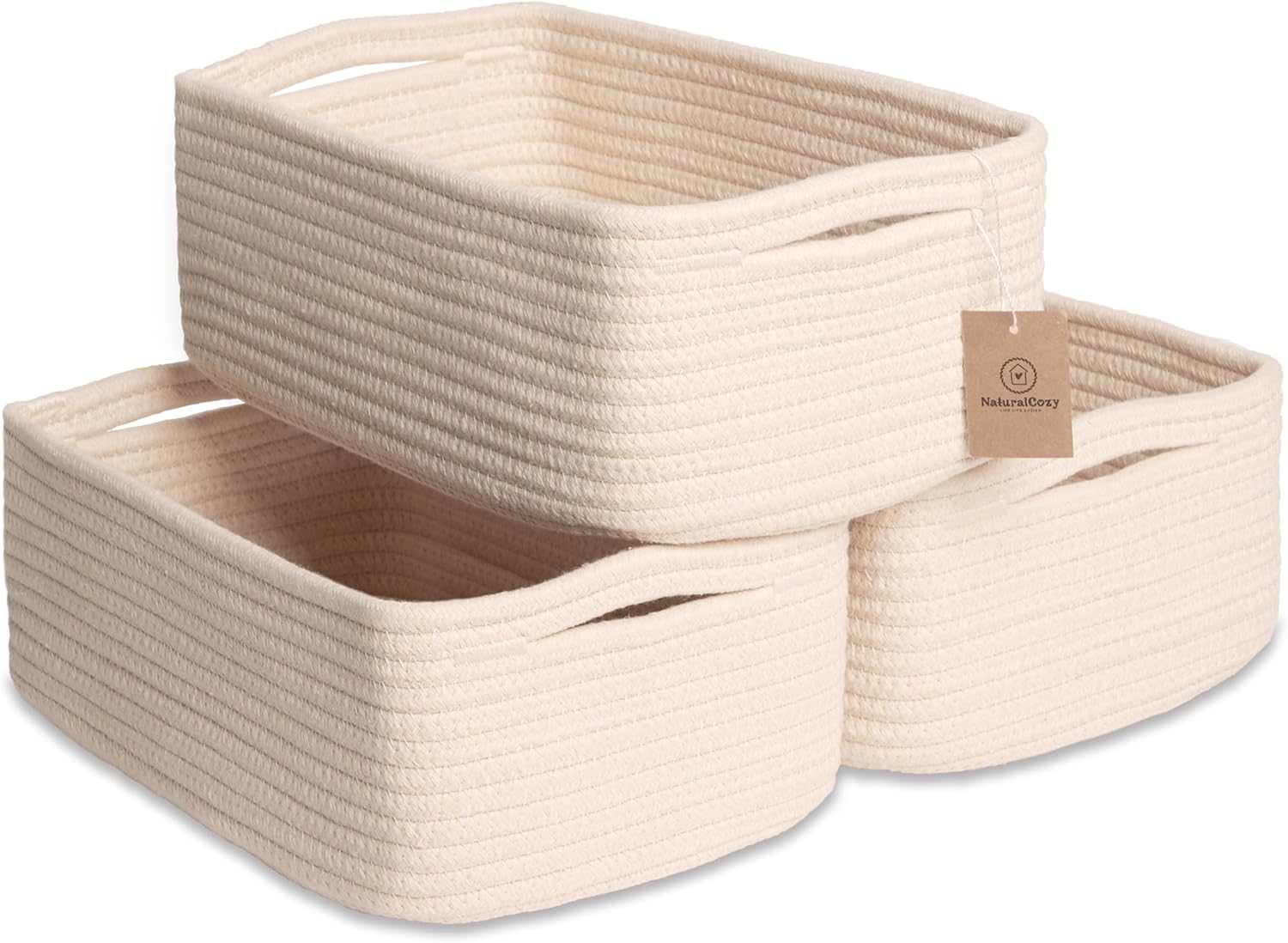 NaturalCozy 11.8"x8"x4.5” Storage Baskets for Shelves 3 Pack | Cotton Rope Woven Small Baskets for Organizing | Small Storage Bins for Nursery, Bathroom, Closet, Cube Shelf, Decorative, Gift Basket Beige 11.8" x 8" x 4.5"