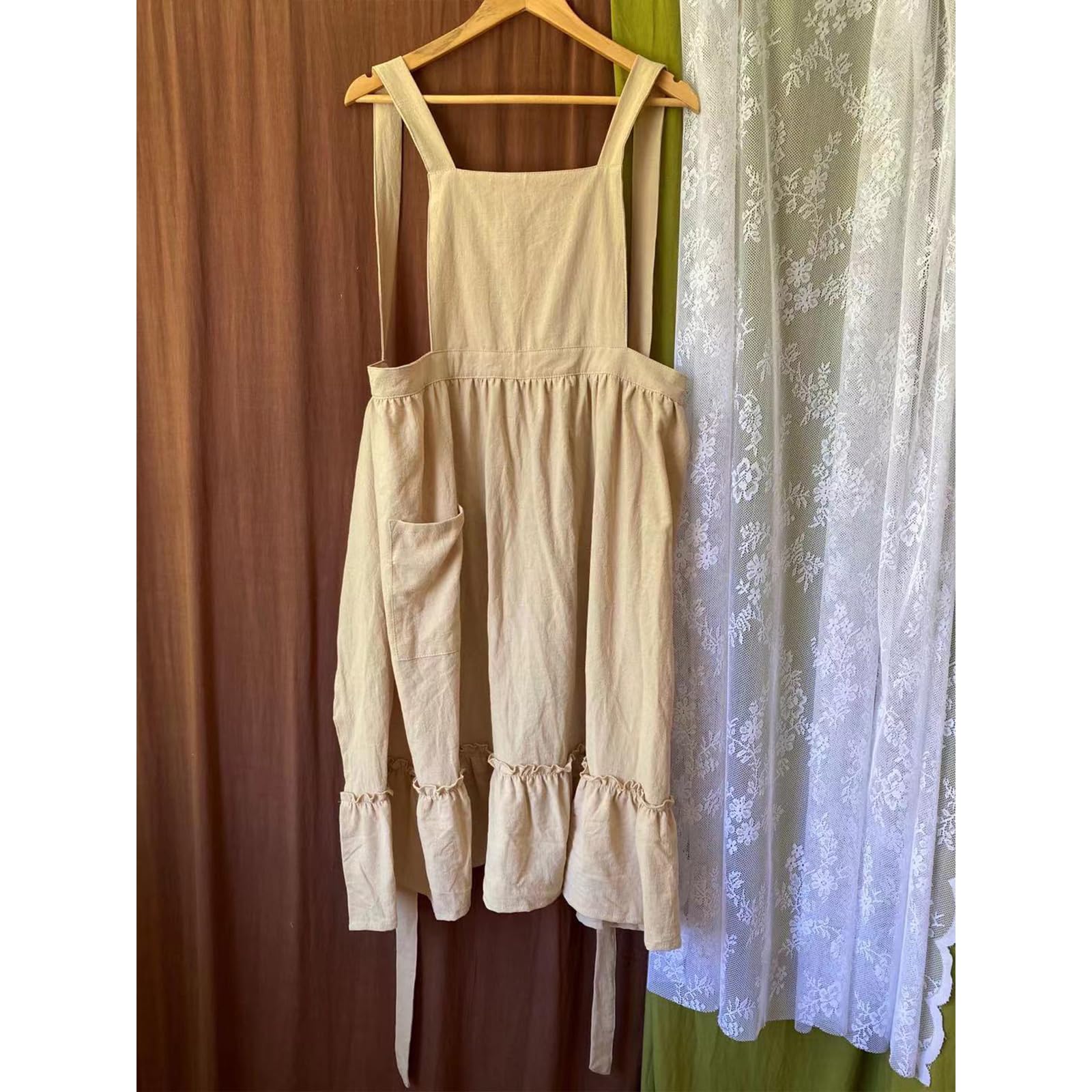Grembiule in cotone e lino con volant per donne e ragazze, vintage, per cucinare, giardinaggio, lavoro, cameriera, grembiule con tasche, Verde militare, R