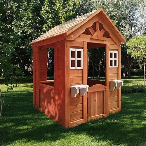Casa de juegos de madera para niños de 3 a 6 años, casa de juegos al aire libre con puerta, 2 ventanas, 3 estaciones de servicio, estante y soporte
