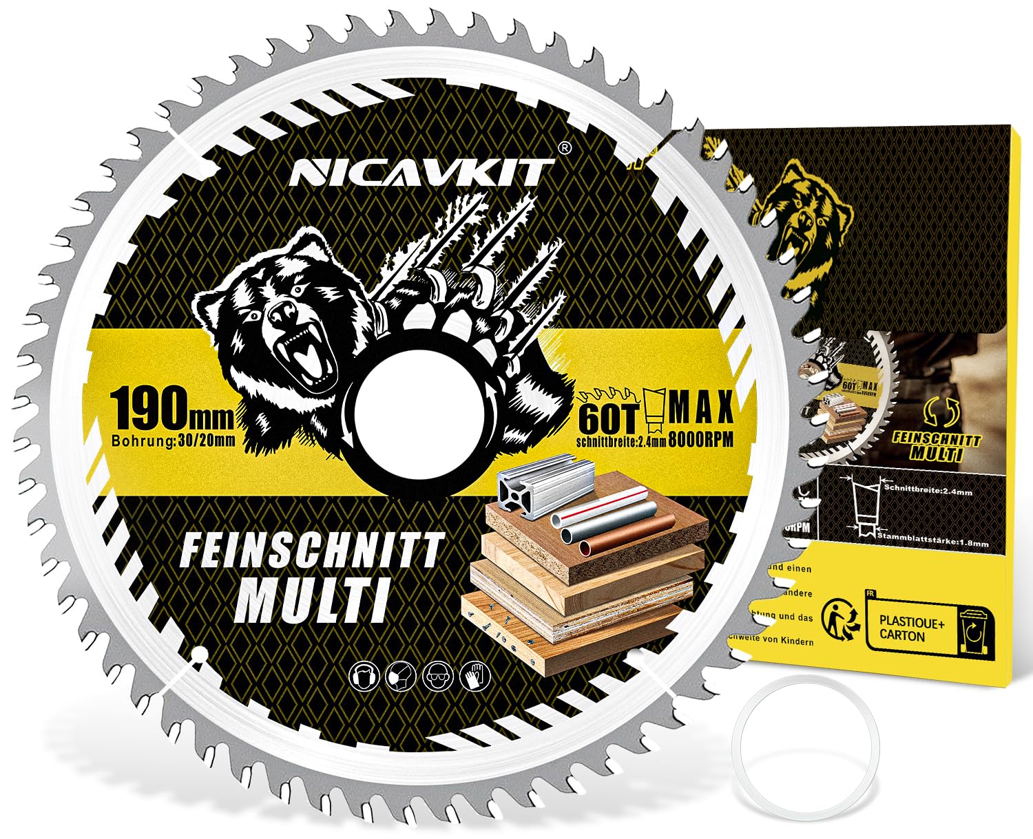Ø190 x 30 mm brzeszczot do piły tarczowej do drewna, metalu i aluminium i innych. W zestawie 20mm kołnierz redukcyjny - wielomateriałowy brzeszczot do precyzyjnego cięcia 190x30 Kompatybilny