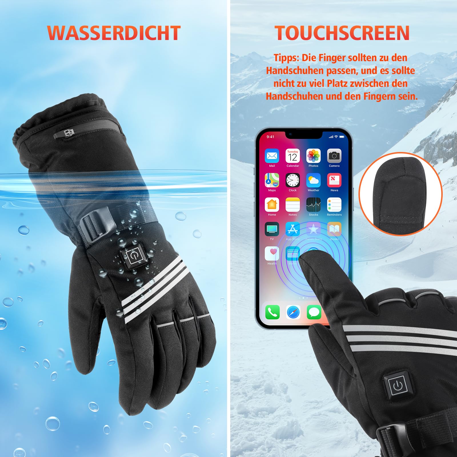 Beheizbare Handschuhe Herren Damen 7.4V 5000mAh Akkus 4 Temperaturstufen wasserdichte Winter Motorrad Radfahren Skifahren