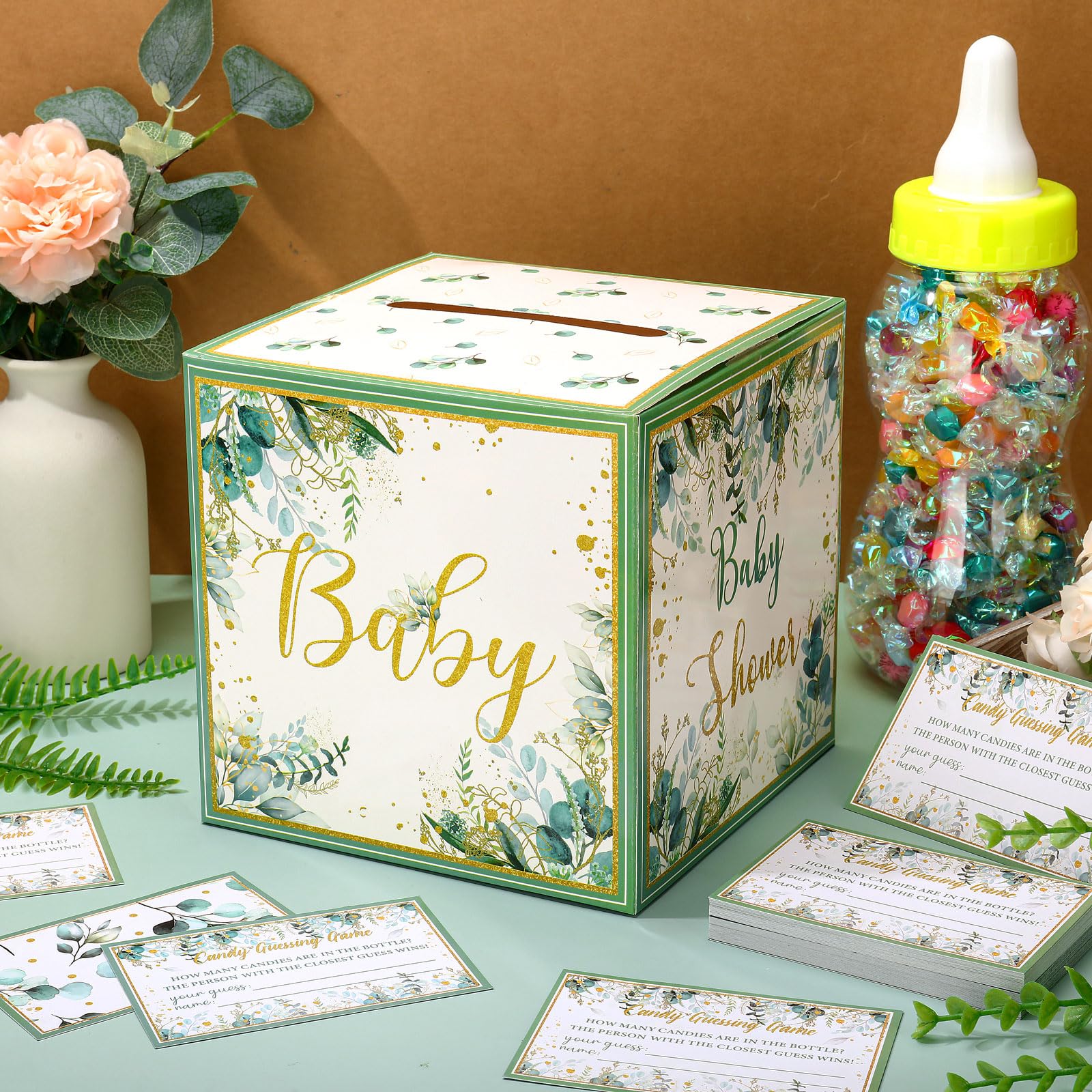 Glenmal Zestawy upominkowe do gier na baby shower, duża butelka dla niemowląt na prysznic, gra Zgadnij, ile cukierków dekoracje do ujawnienia płci (liść)