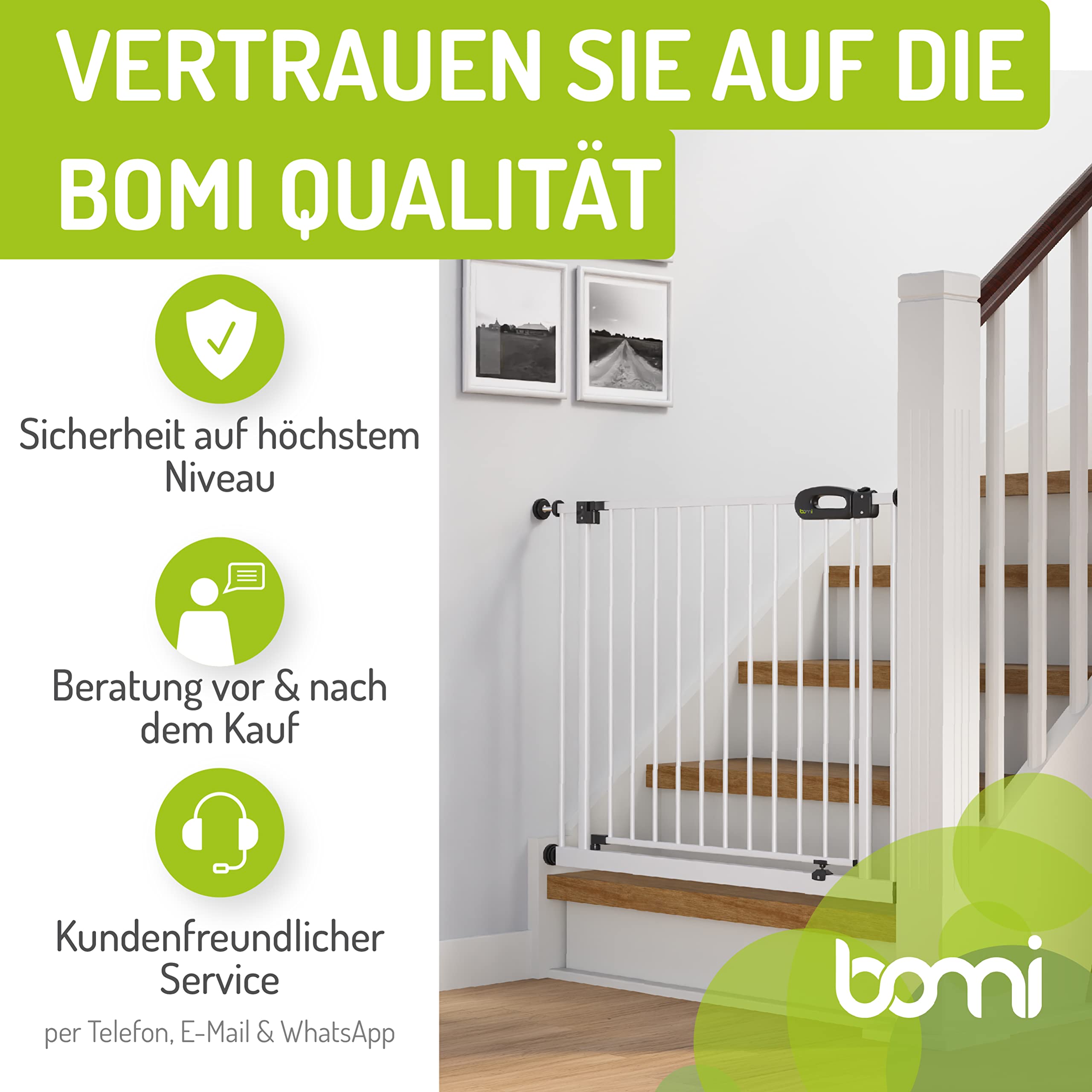 BOMI TÜV GS Siegel Treppengitter für Kinder Merle | Zum Klemmen | 90 Stop | Schließt automatisch | Kinderschutzgitter Weiss öffnet in beide Richtungen | Tür- & Treppenschutzgitter | Breite 145-153 cm