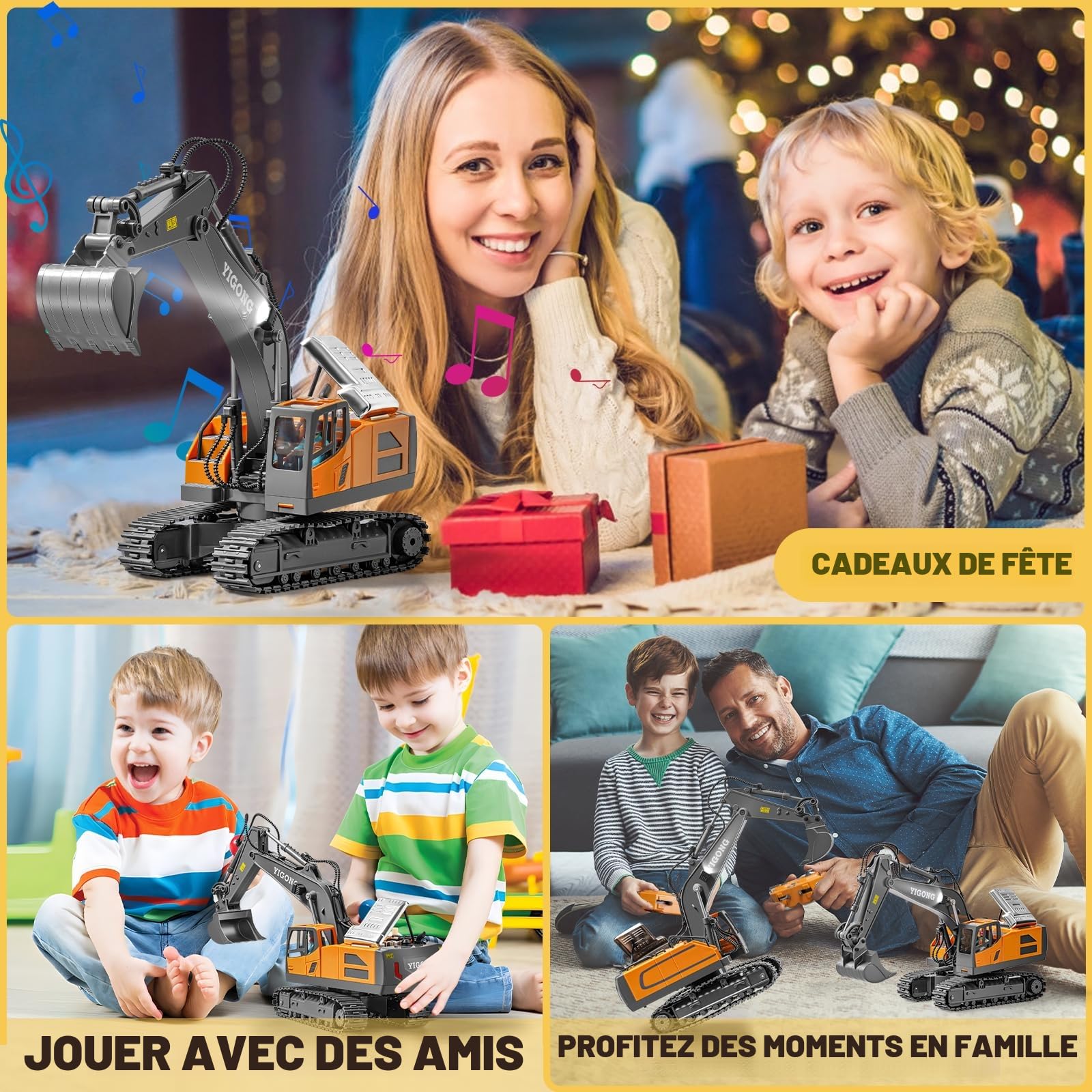 Excavateur Télécommandé pour Enfants,Excavateur Rechargeable avec Pelle en Métal,Excavateur Hydraulique Rc avec Lumières et Sons,Jouet de Creusage pour Garçons de 4-14 Ans