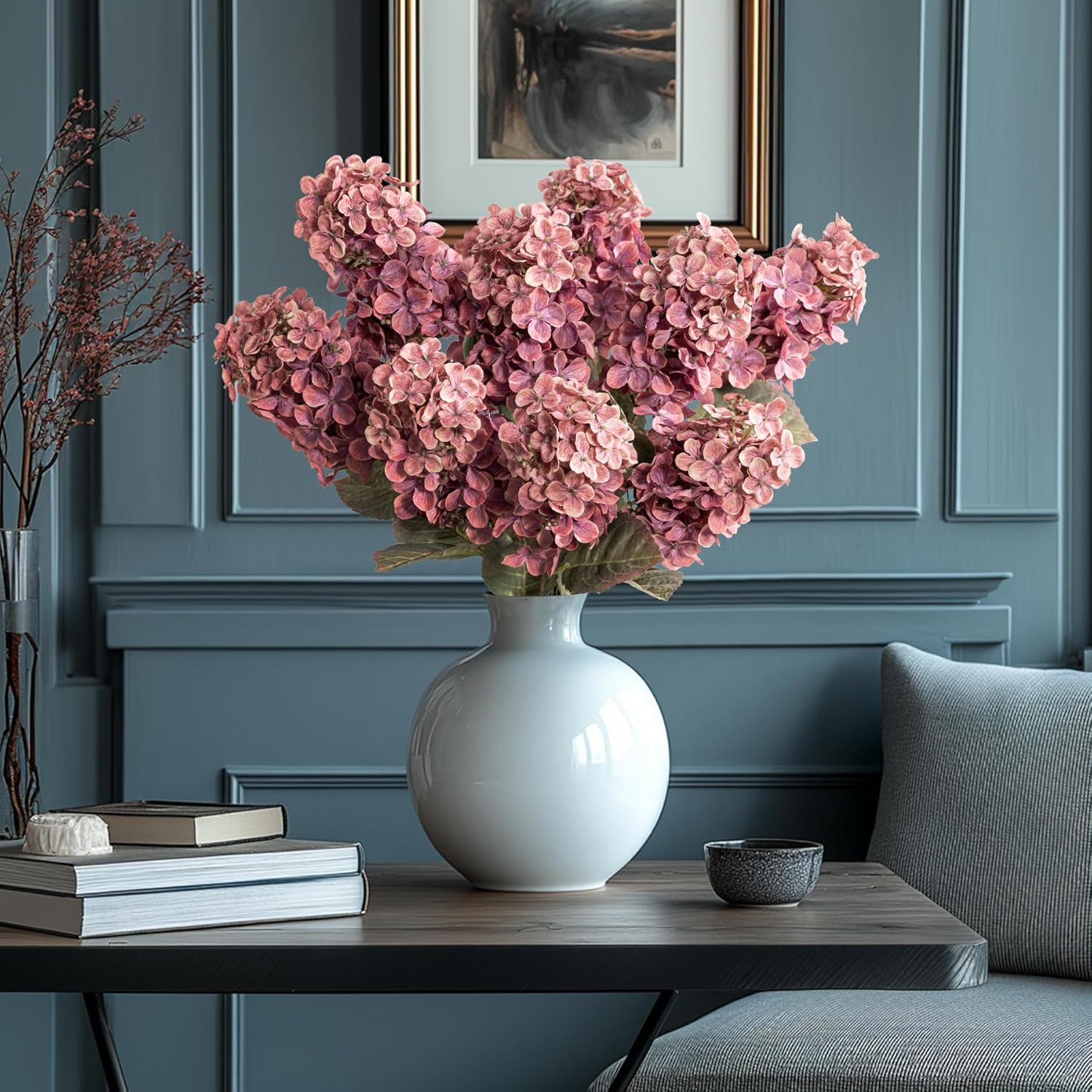 Burgundy Hydrangea Artificial Flowers,Fall Hydrangeas Artificial Flowers, Fake Fall Dried Hydrangea Decoration,Faux Silk Flower with Stems Winter Decor(Red Rose 24" 8pcs) Without Vase - Image 6