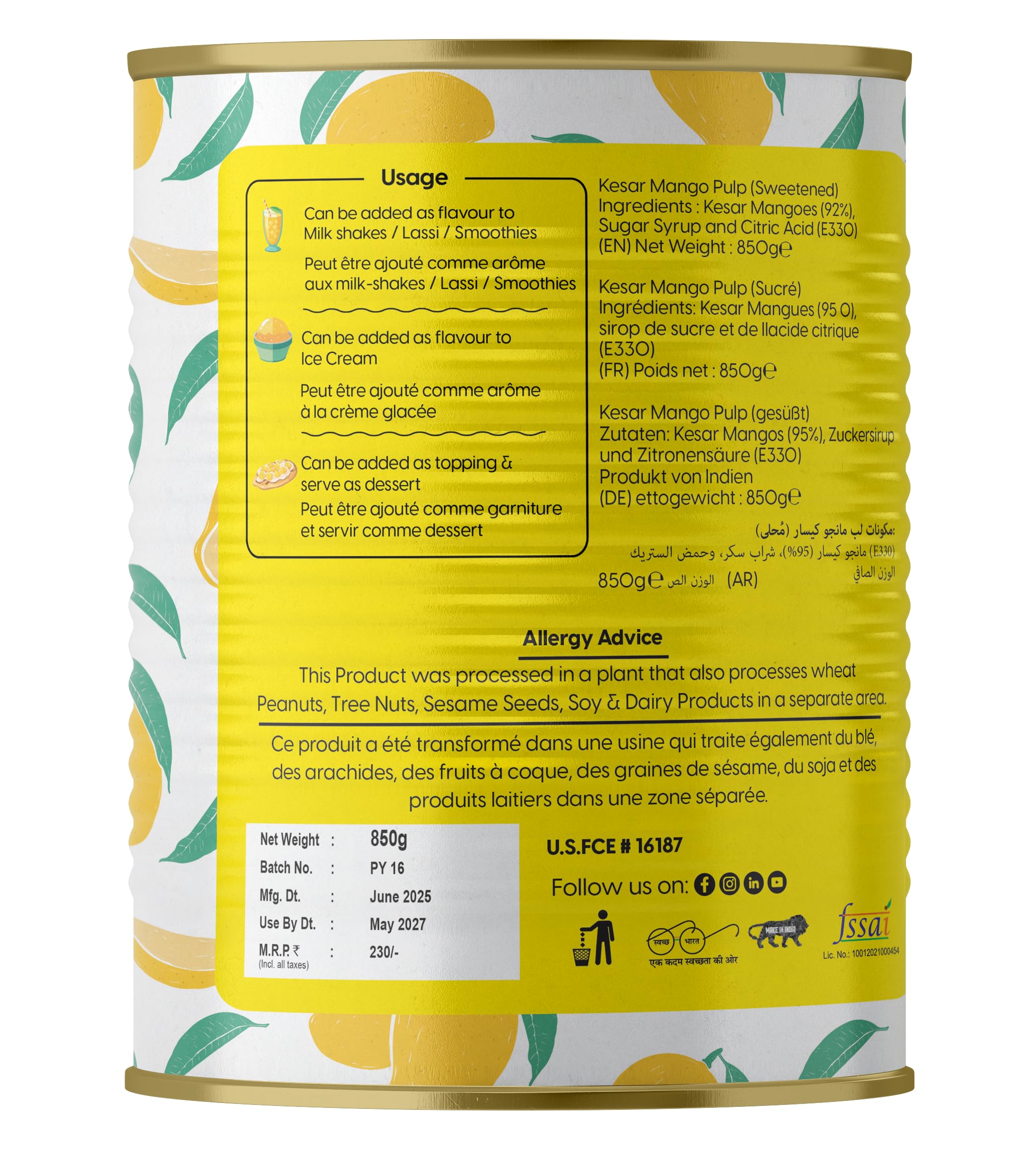 Patidar Pureat Kesar Mango Pulp 850gm Tin | Sweetened Mango Puree for Lassi, Ice Cream, Shrikhand, Aamras and Baking