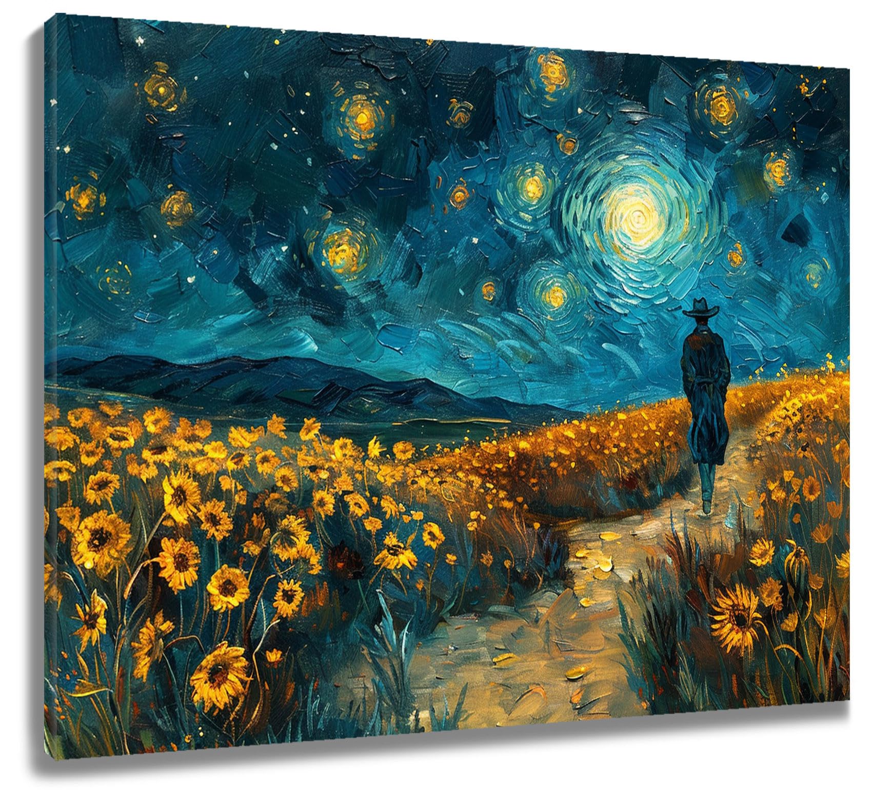 LB Abstract Wall Art Field Gold Flower Black Mountain Canvas Wall Art for Living Room Navy Blue Starry Sky Poster Paint Wall Art Decor for Bathroom Kitchen Bedroom,16Wx12H inch Wooden Framed
