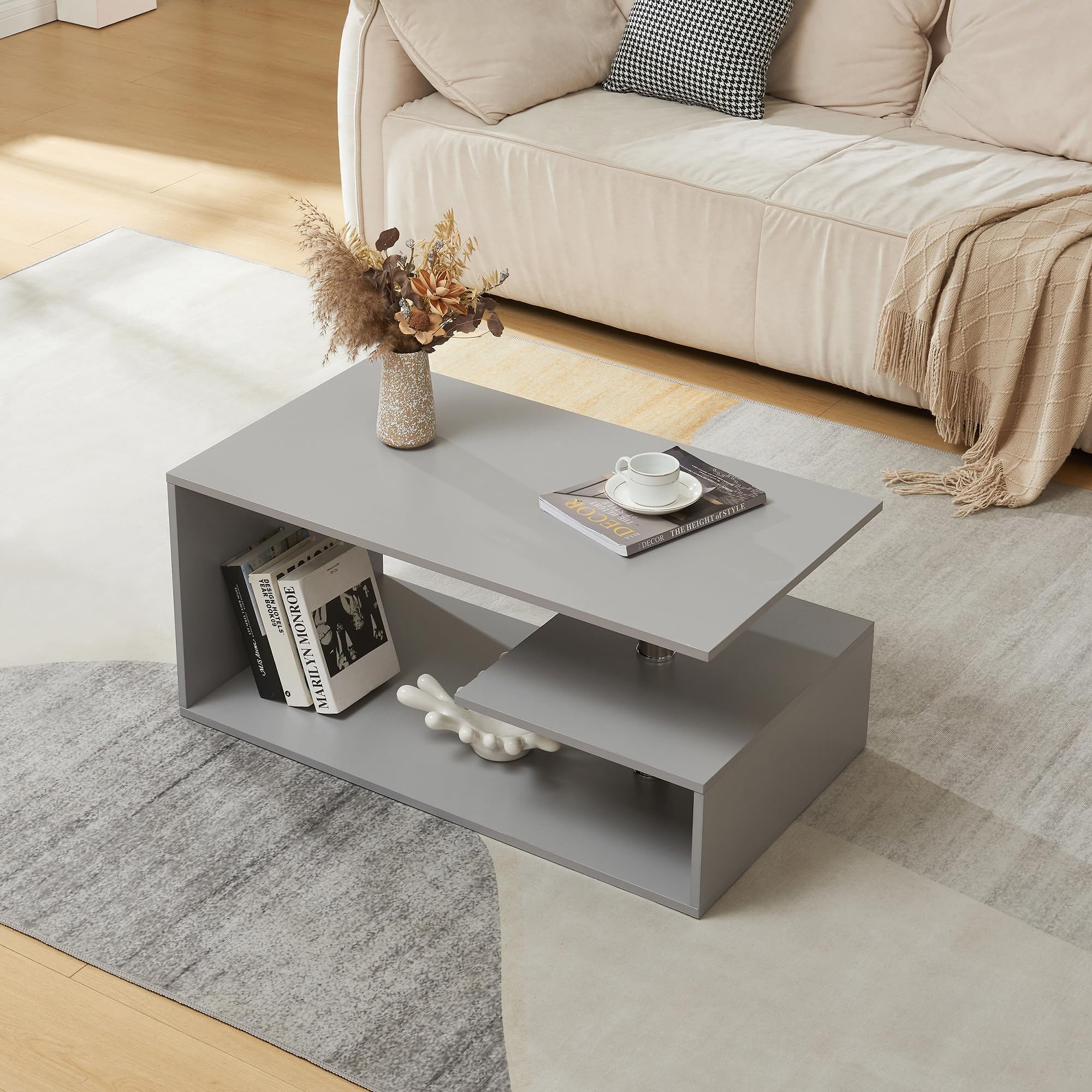 [en.casa] Couchtisch Haarlem Wohnzimmertisch rechteckig 90 x 50 x 41 cm Sofatisch mit Stauraum Kaffeetisch Hellgrau