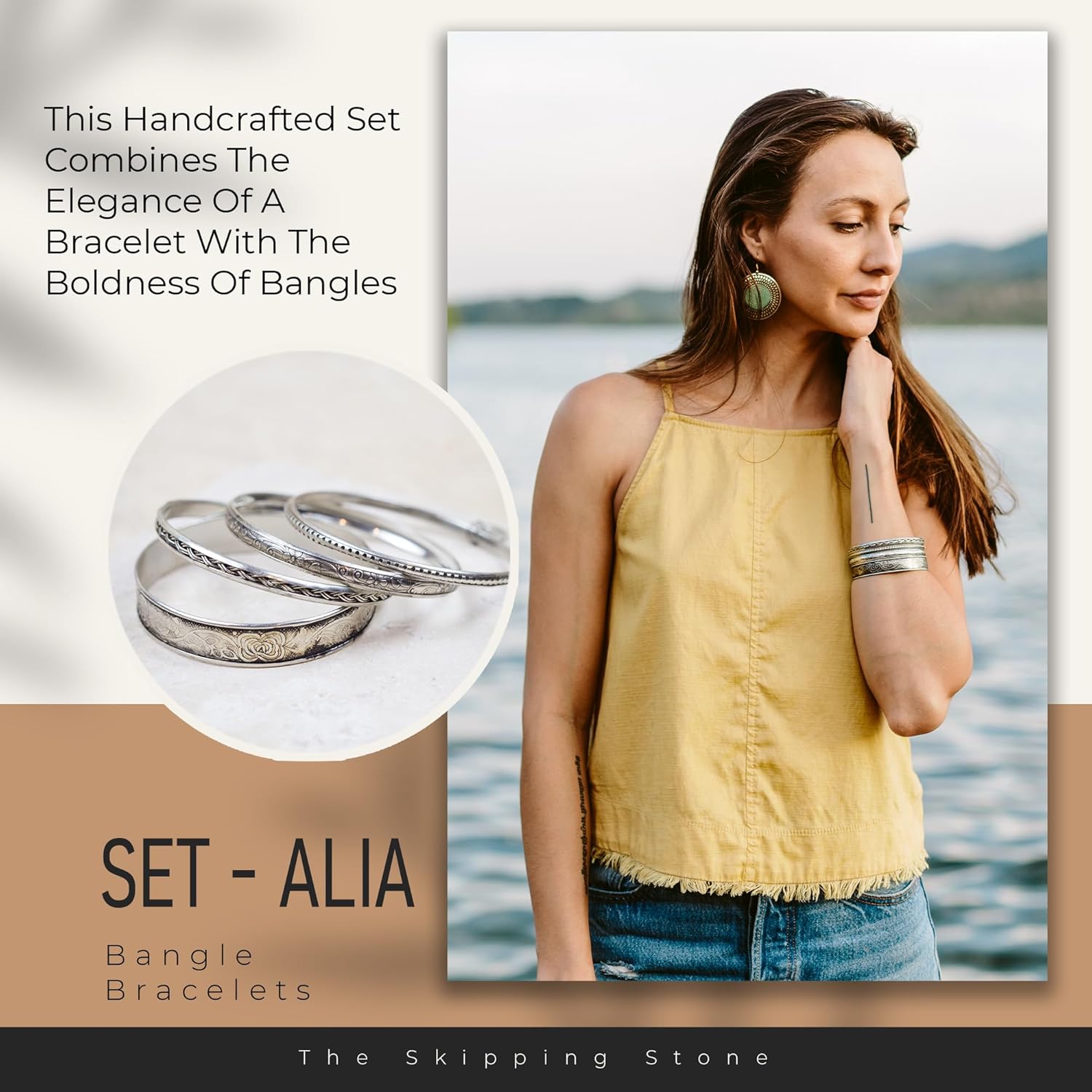 Alia Bangle Bracelets Set - Set of 4 Handmade Brass Bangles with Silver Plating - Durable & Lightweight Bangles for Women - Brass Jewelry with Purpose - A Perfect Gift for Her
