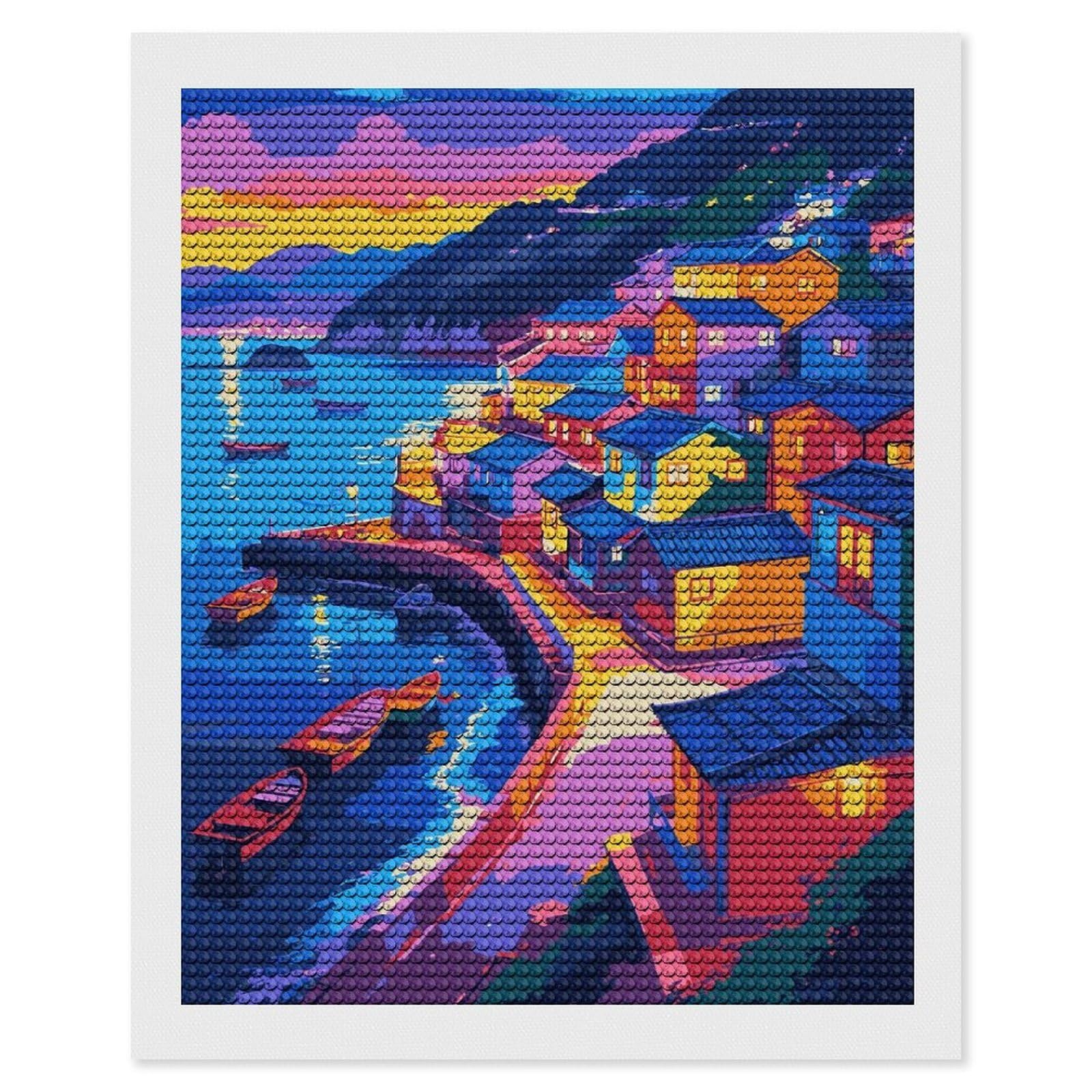 Junmoney Colorful Coastal Village at Sunset Diamond Art Kit 16"x20", Gift Idea, for Family Craft Time, Mindful Craft Activity, Boho Decor, Relaxing DIY Hobby