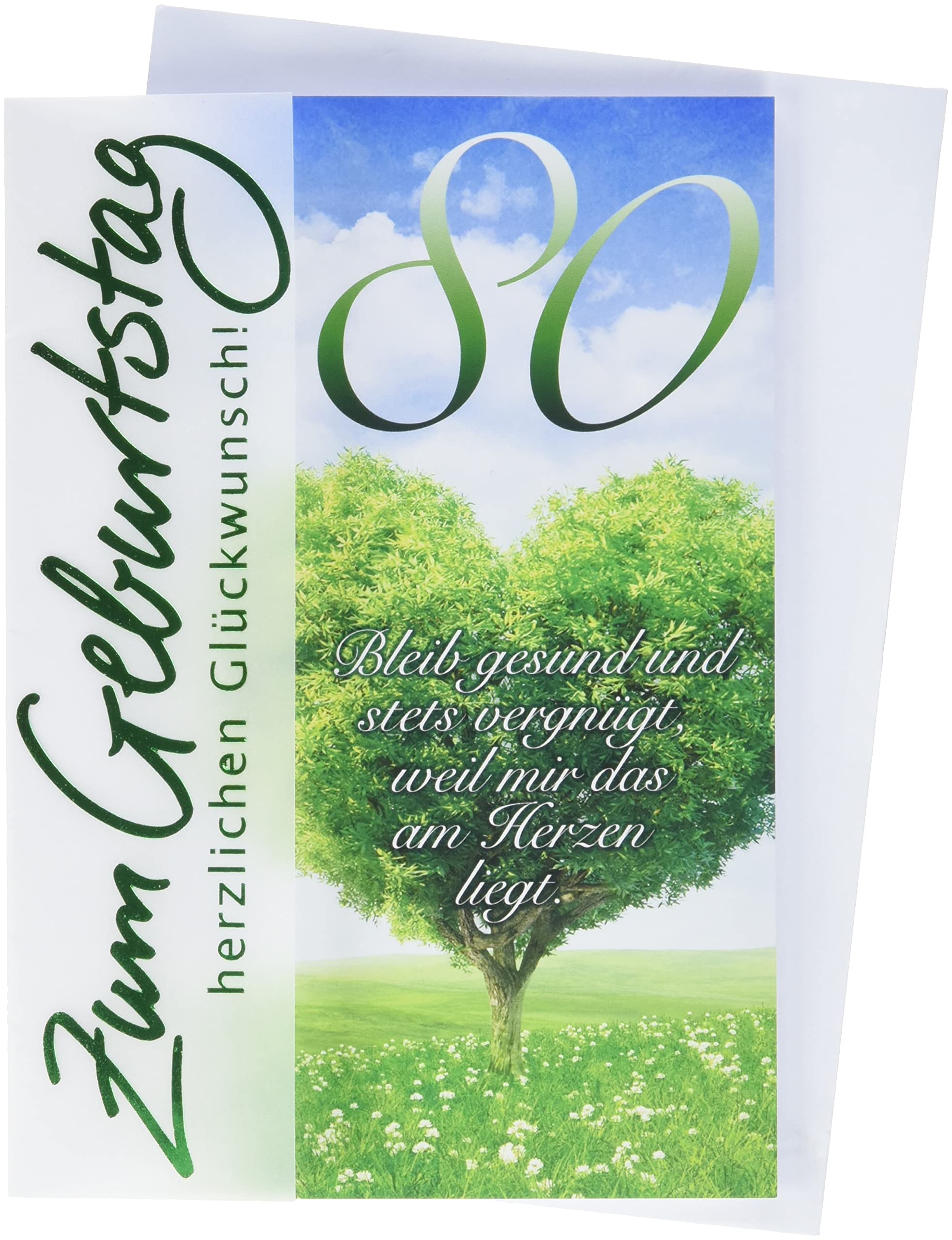 80th Birthday Card Basic Classic - Heart Tree - 11.6 x 16.6 cm