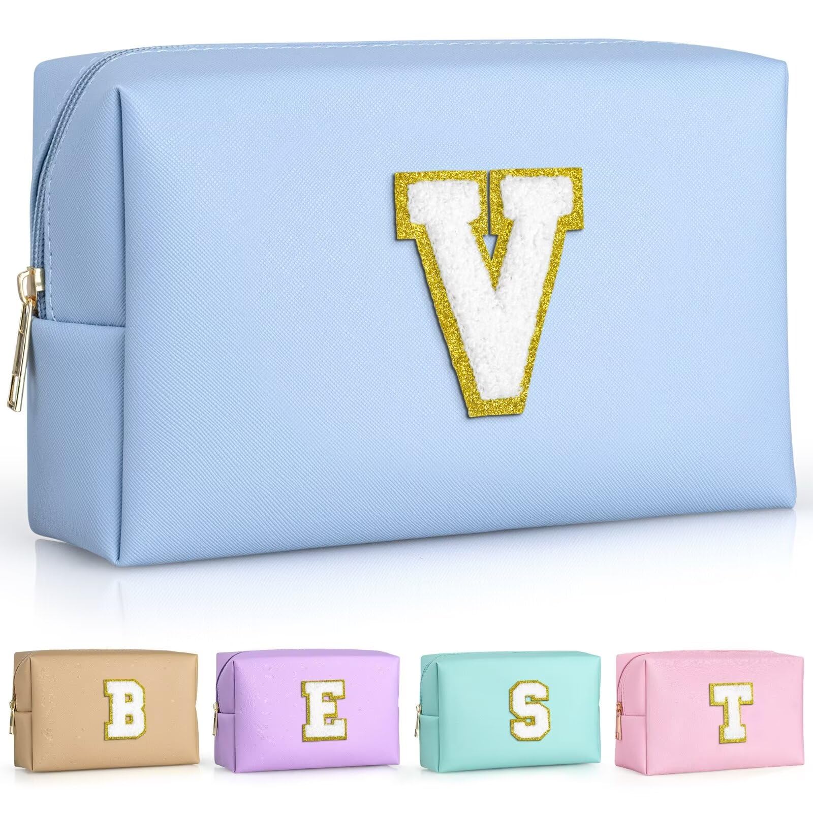 TOPEAST Initial Makeup Bags for Women, Personalized Portable Cosmetic Bag for Travel, Cute Makeup Pouch, PU Leather Waterproof Toiletry Bag, Preppy