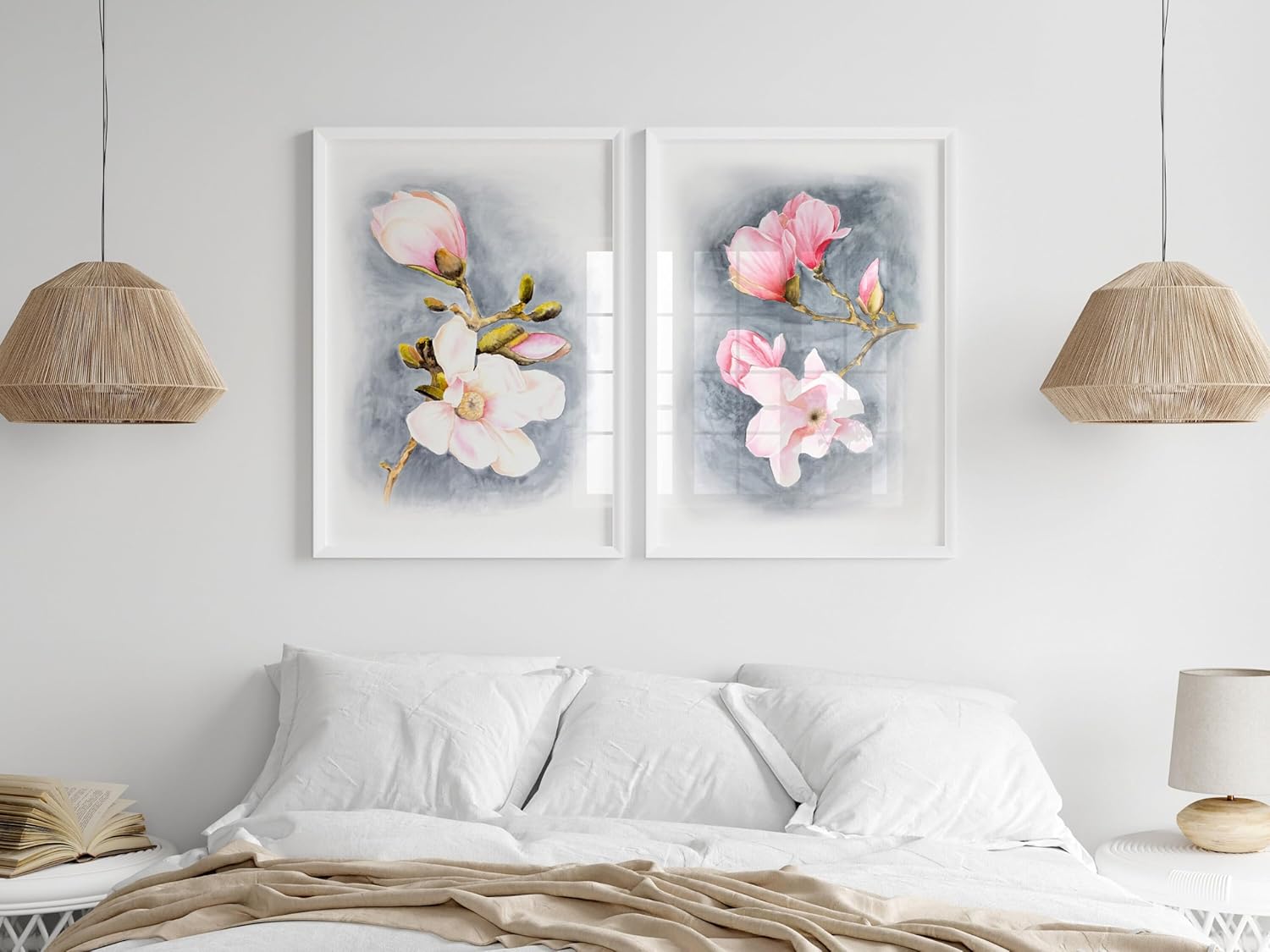 Lewxlfh Magnolia Pink Grey Flower Wall Art Canvas Bedroom