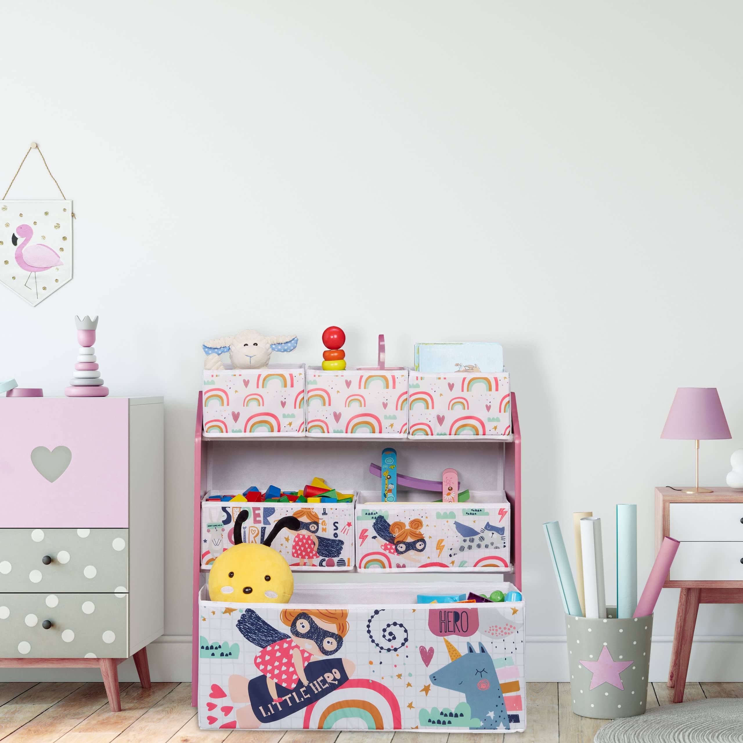 Relaxdays Estantería Infantil con 6 Cajas, 66x63x30 cm, Organizador Juguetes Superheroína, Mueble Juguetero, Multicolor