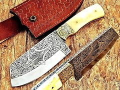 RARE SPORT KNIFE D2 FOX ENGRAVED HUNTING MACHETE CHOPPER BONE HANDLE LEATHER SHEATH BEST GIFT