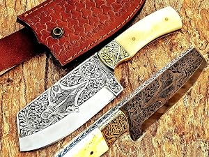 RARE SPORT KNIFE D2 FOX ENGRAVED HUNTING MACHETE CHOPPER BONE HANDLE LEATHER SHEATH BEST GIFT
