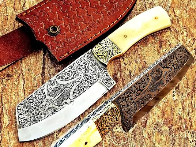 RARE SPORT KNIFE D2 FOX ENGRAVED HUNTING MACHETE CHOPPER BONE HANDLE LEATHER SHEATH BEST GIFT