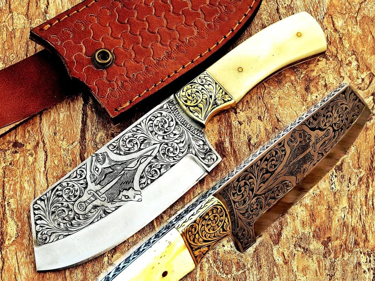 RARE SPORT KNIFE D2 FOX ENGRAVED HUNTING MACHETE CHOPPER BONE HANDLE LEATHER SHEATH BEST GIFT