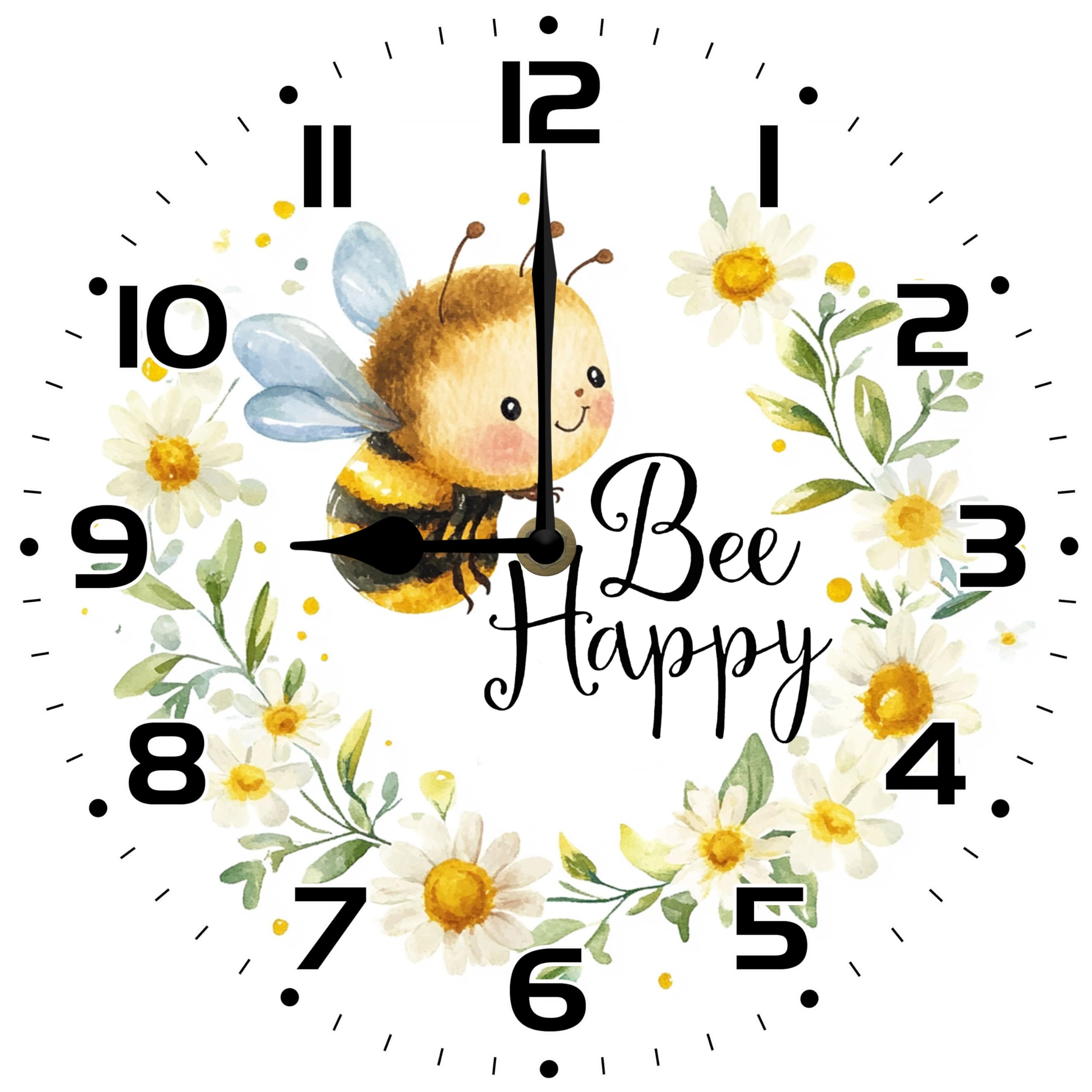 Ensound Honey Bees Bee Happy Wall Wall Clock 12 Inch Round Silent Non Ticking Wood Clocks Battery Operated Wall Clock for Bedroom Kitchen Living Room Bathroom