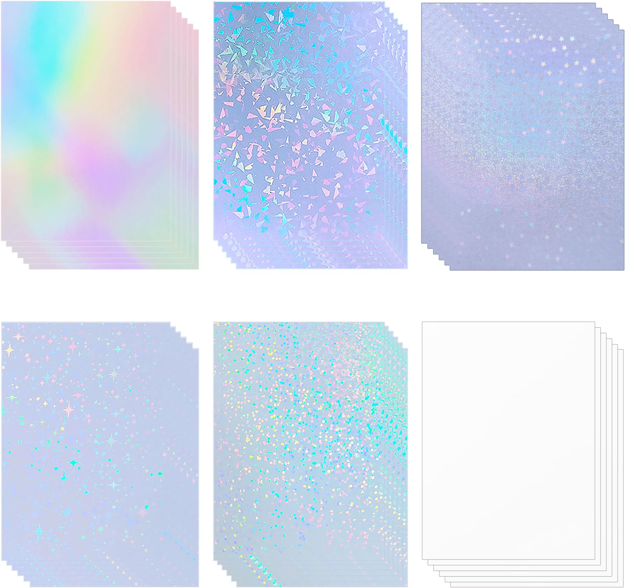 36 Sheets Holographic Sticker Paper Waterproof A4 Size Clear Vinyl Sticker Sheets Self-Adhesive Rainbow Overlay Sheets with 6 Styles Mixed