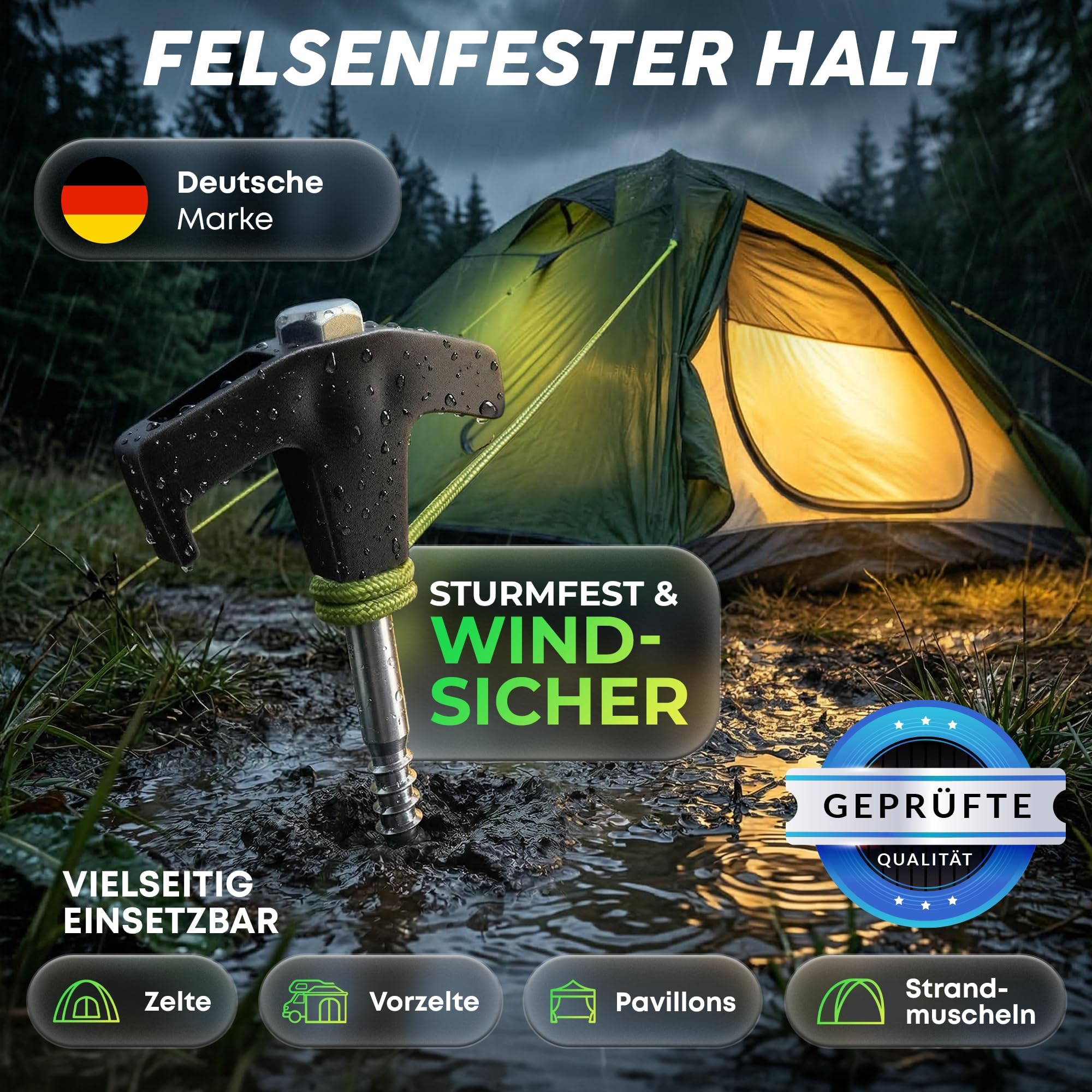 16x Schraubheringe Camping [Stahl] - Heringe Camping mit Transportbox - Zeltheringe zum Schrauben für alle Böden - Heringe Zelt sturmsicher und stabil