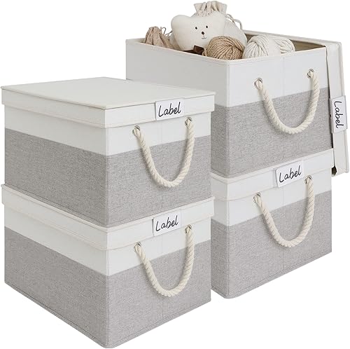 Miniatura 8 de LoforHoney Home Contenedores de almacenamiento de tela con tapas para organizar, cajas de almacenamiento plegables para estantes, cestas de ropa con
