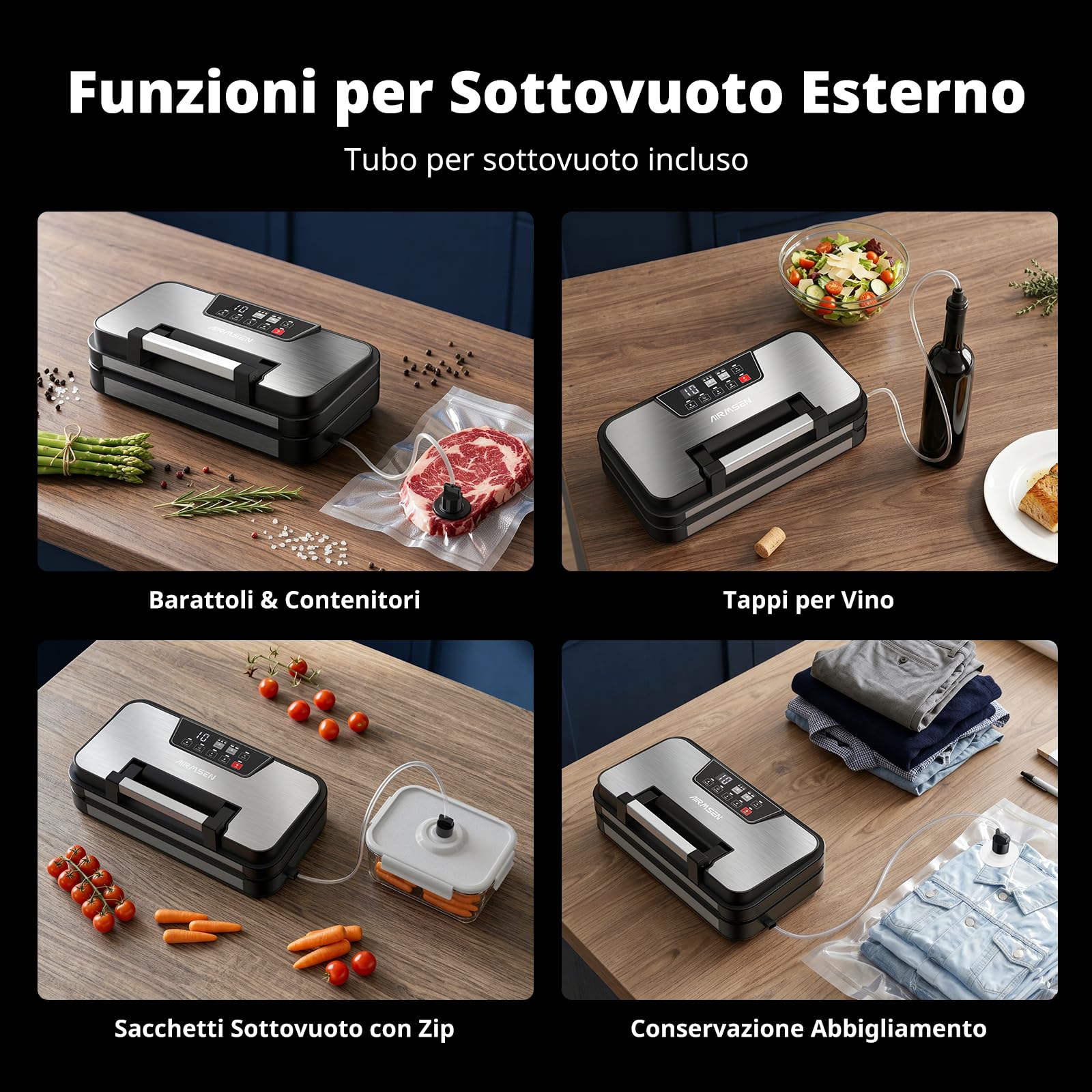 AIRMSEN 95 kPa Macchina sottovuoto con funzione di gonfiaggio, modalità Secco/Umido, doppia sigillatura 30 cm, taglierina integrata, rotolo e vassoio rimovibile