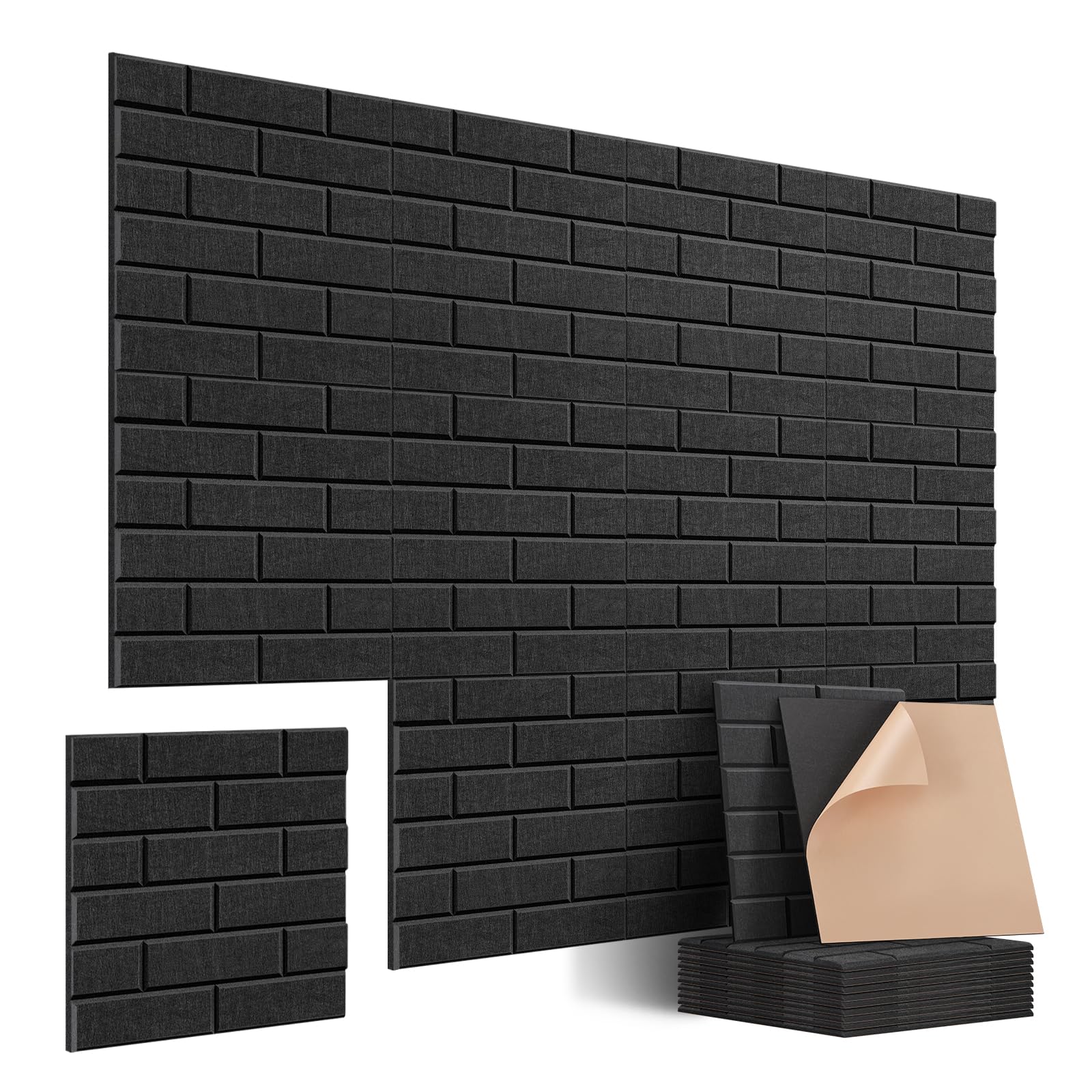 JAMELO Paquete de 12 paneles acústicos autoadhesivos de 12 x 12 x 0.4 pulgadas, paneles acústicos elegantes en forma de ladrillo, paneles de pared de aislamiento 3D de alta densidad para puerta, techo