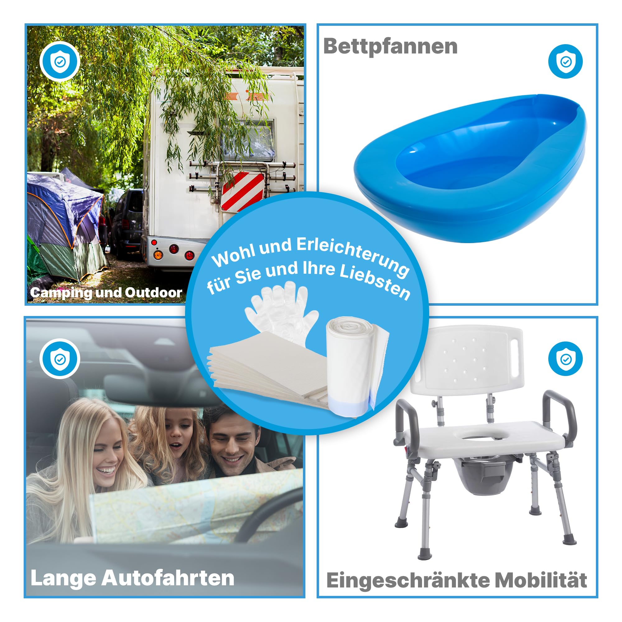 50er Set dichte Toilettenbeutel und saugstarke Einlagen, inkl. 50 Paar Handschuhe, reißfest und auslaufsicher, hygienisch und geruchsbindend ideal für Bettpfanne, Toilettenstuhl und Camping