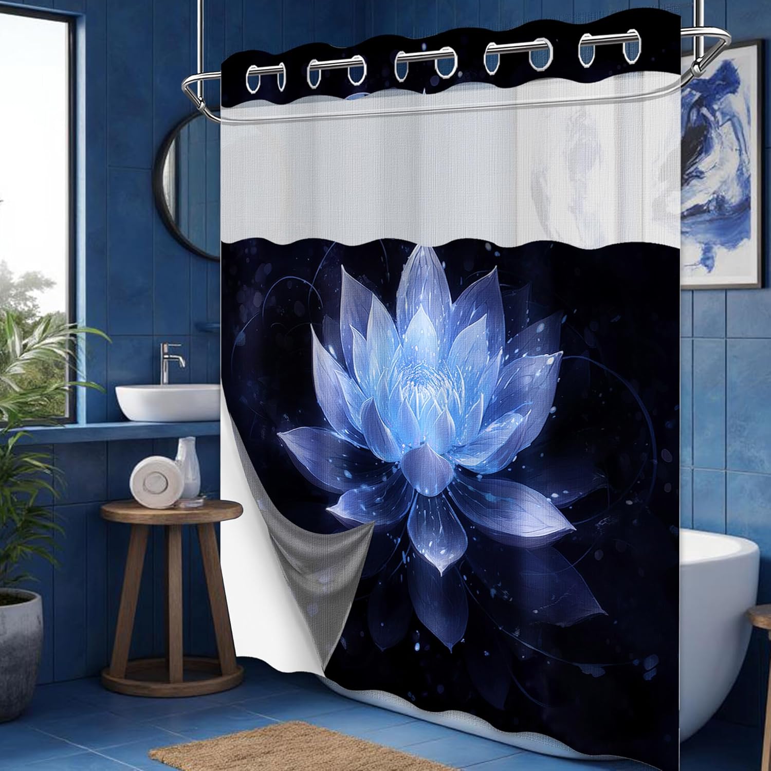 Black and Blue Hookless Shower Curtain with Snap in Liner, Navy Blue Lotus Flower No Hook Double Layer Shower Curtain and Liner Set, Waterproof Cloth Fabric, 71" W x 74" L (Pack of 1)
