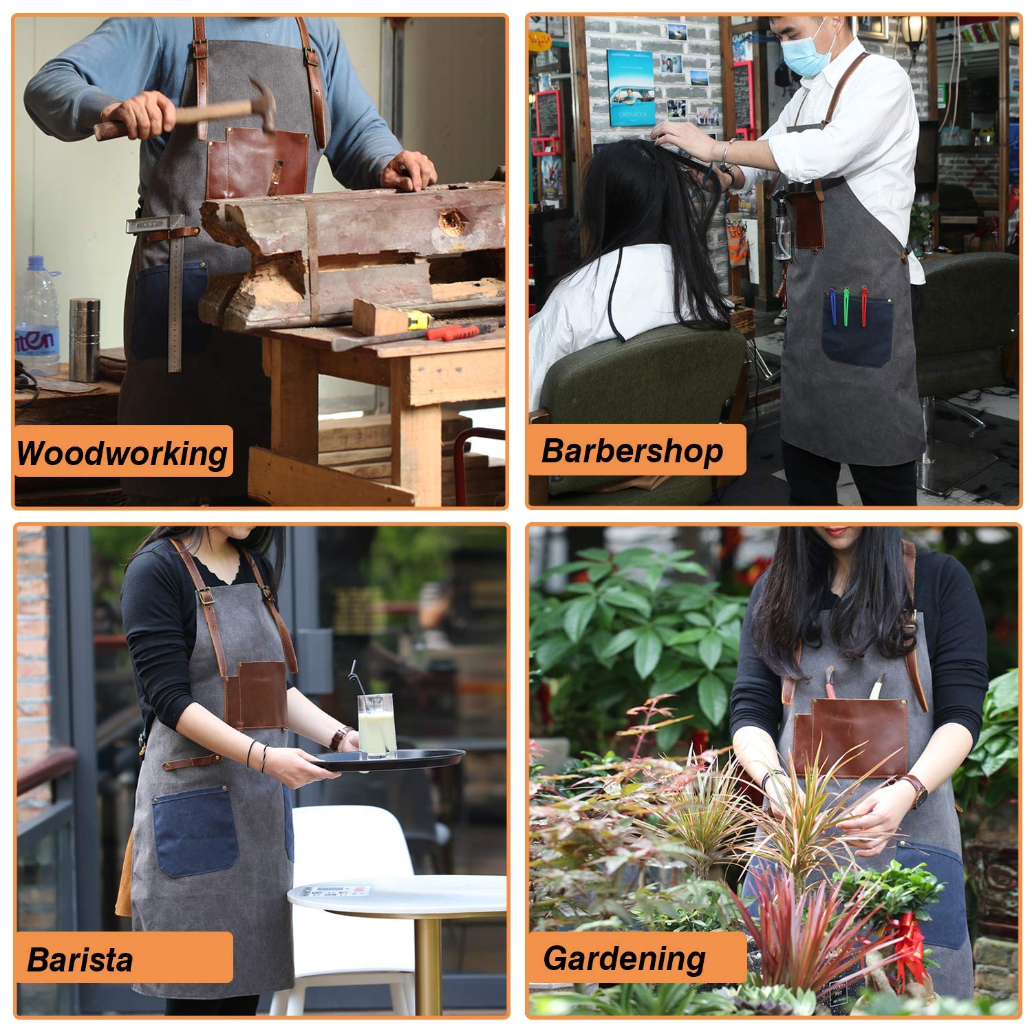 Flipzon Arbeitsschürze für Männer und Frauen, strapazierfähig, Canvas, Herrenschürze für Holzarbeiten, Barber, Schmid, Schreiner, Barista, Kreuz-Rücken-Riemen-Design, verstellbar S bis XXXL (grau)